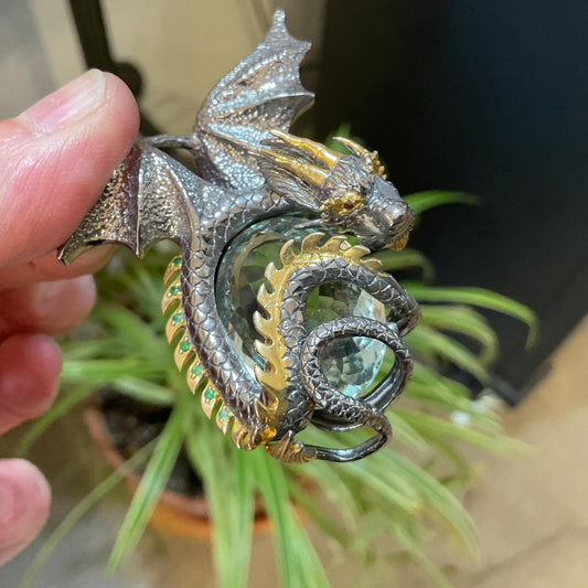 Sterling Silver green amethyst statement dragon pendant