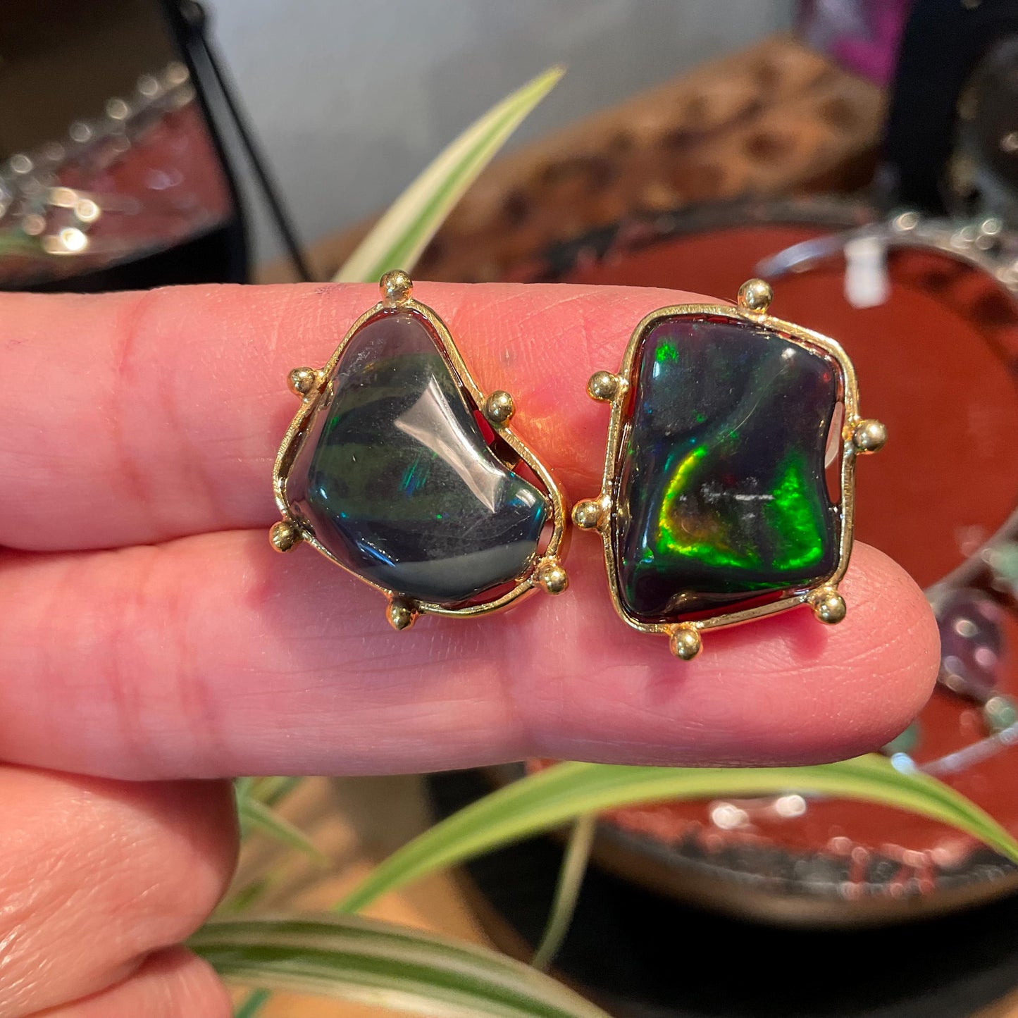 Sterling Silver Natural black fire Opal heirloom large asymmetrical stud Earrings