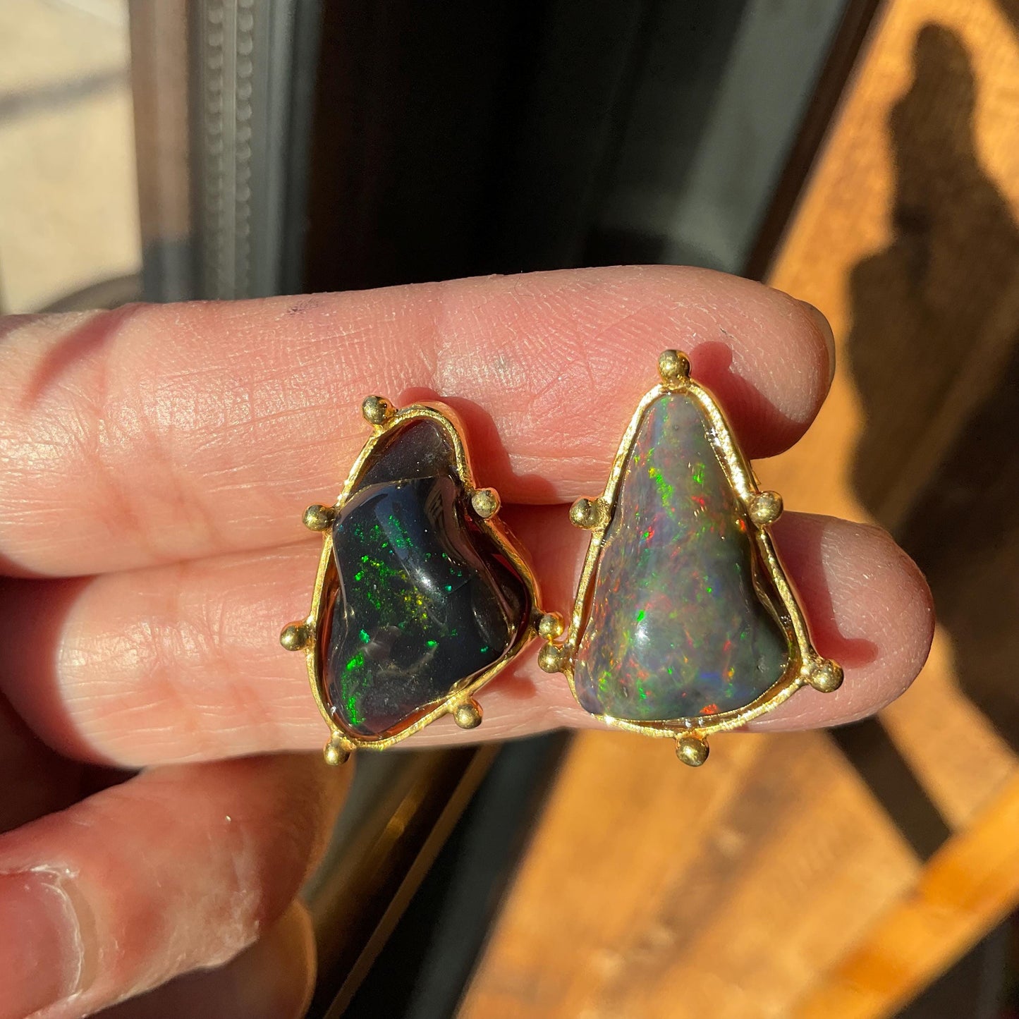 Sterling Silver Natural black fire Opal heirloom asymmetrical stud Earrings