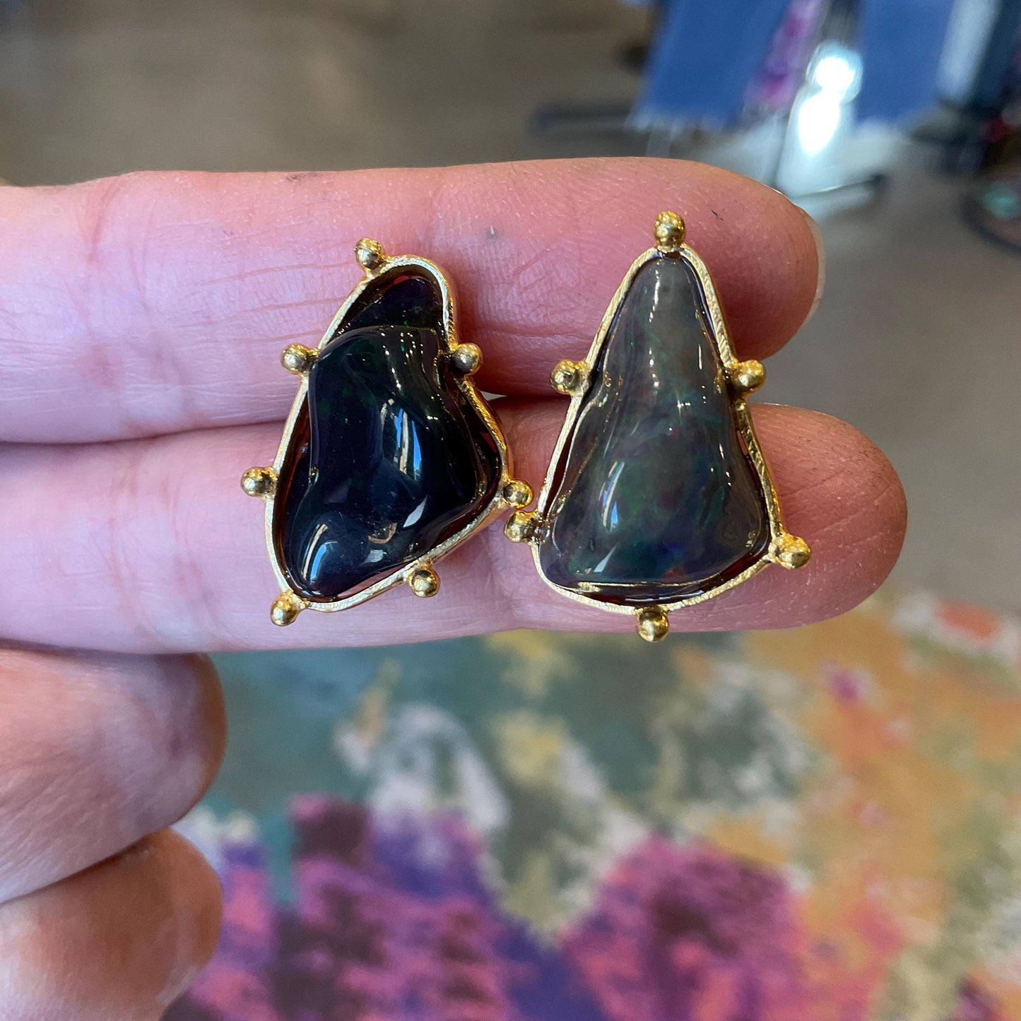 Sterling Silver Natural black fire Opal heirloom asymmetrical stud Earrings