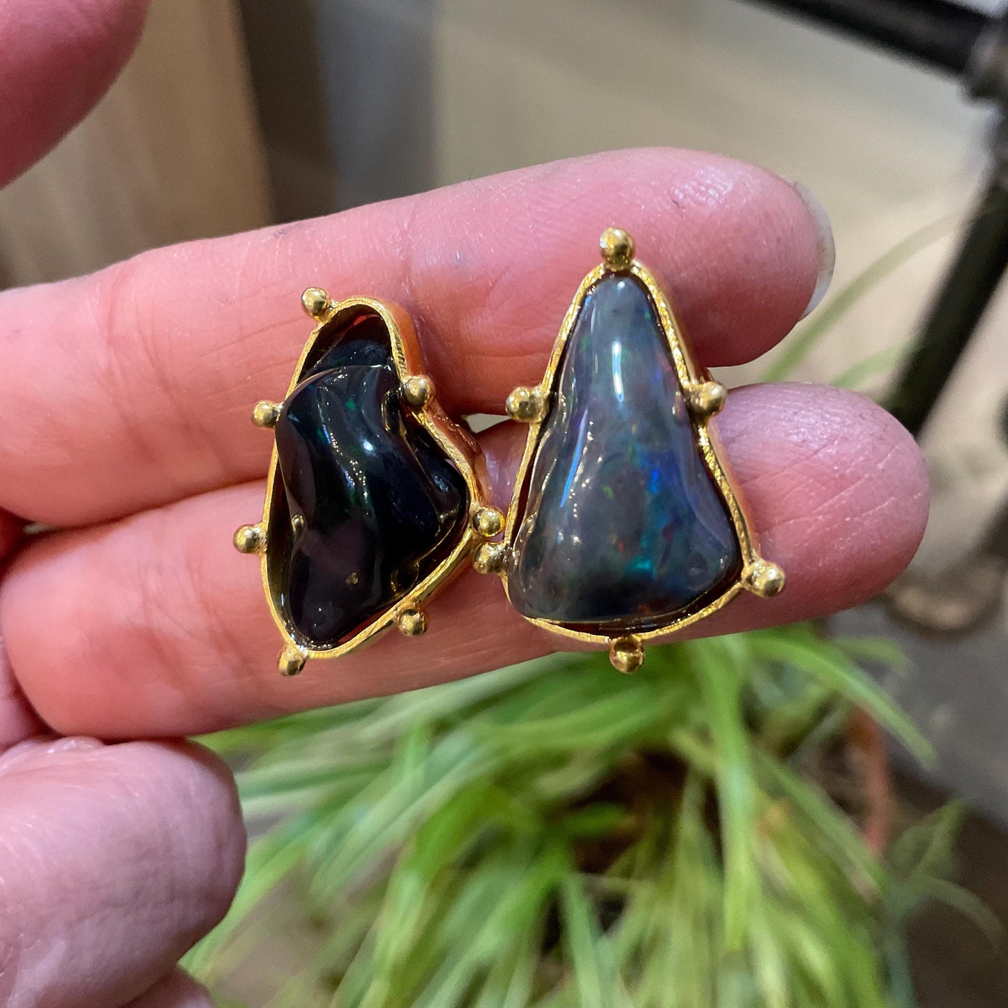 Sterling Silver Natural black fire Opal heirloom asymmetrical stud Earrings