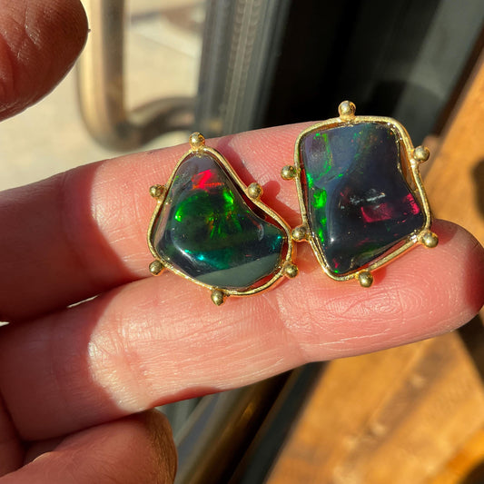 Sterling Silver Natural black fire Opal heirloom large asymmetrical stud Earrings