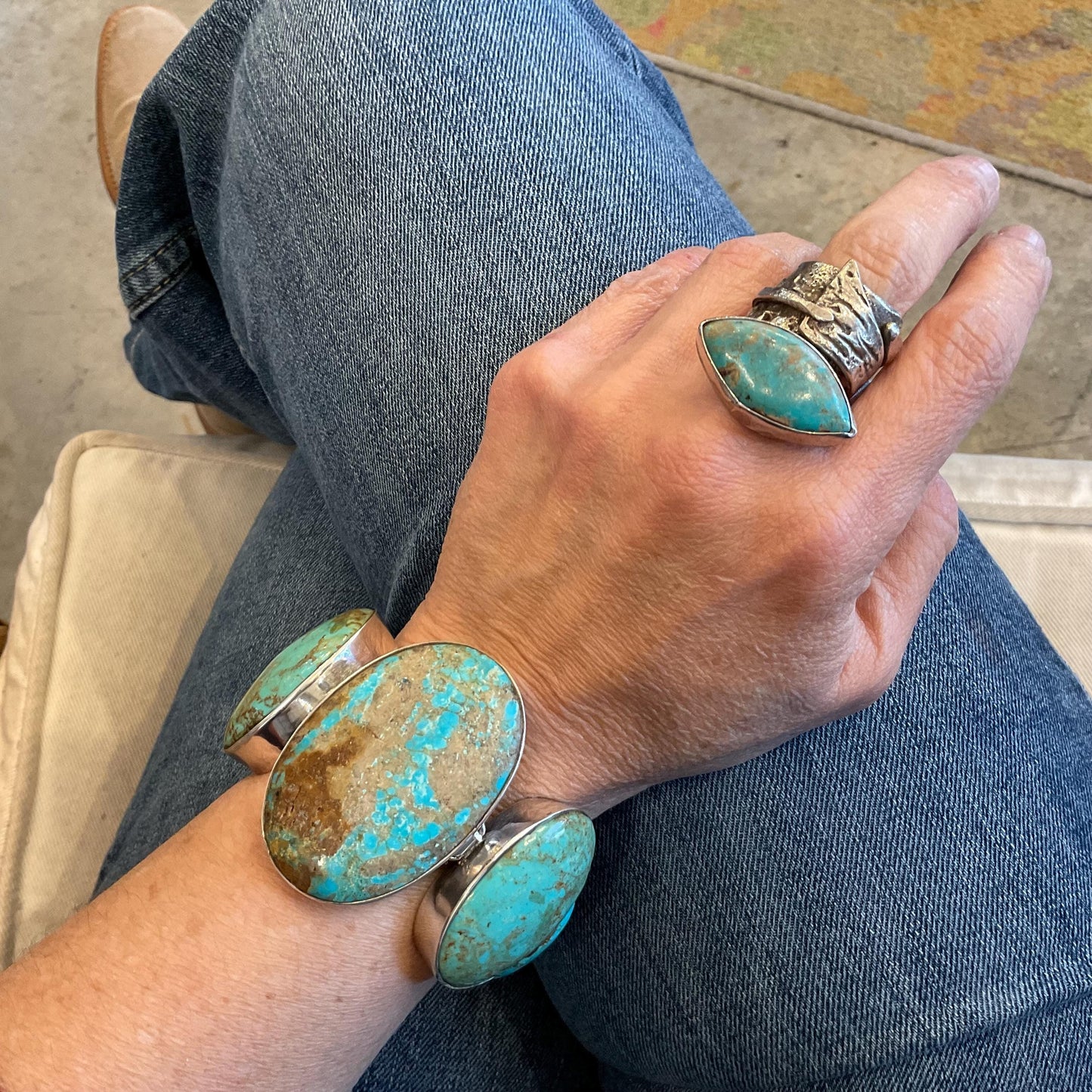 sterling silver natural Turquoise statement  modernist bracelet Colors Of Etnika