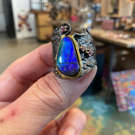 sterling silver natural blue ammolite band Etnika ring 9