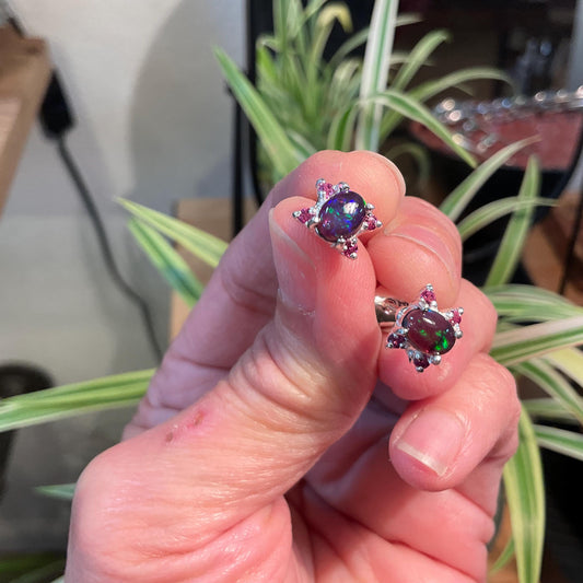 sterling silver natural fire black Stud  earrings