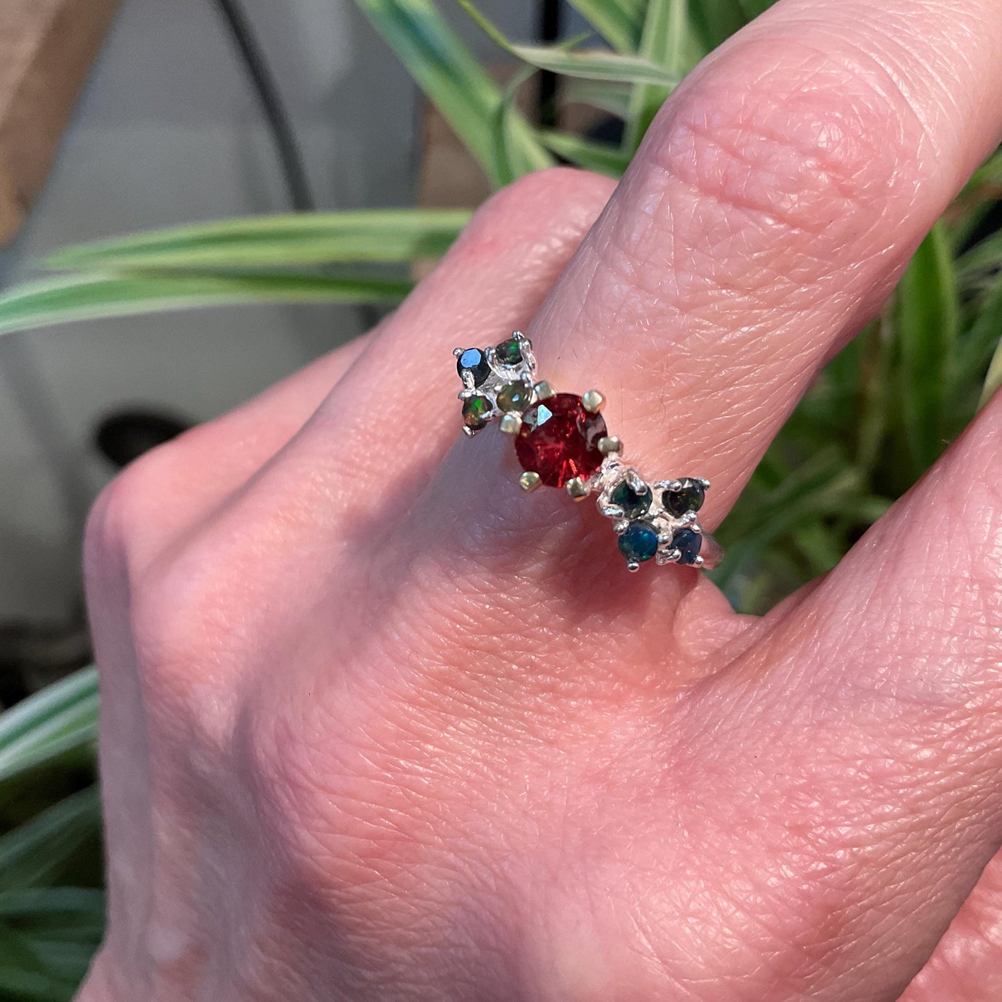 sterling silver red garnet black fire opal  ring 6.5 Colors Of Etnika