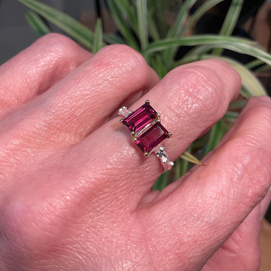 Handmade Sterling silver Natural Rhodolite baguette cut ring 7