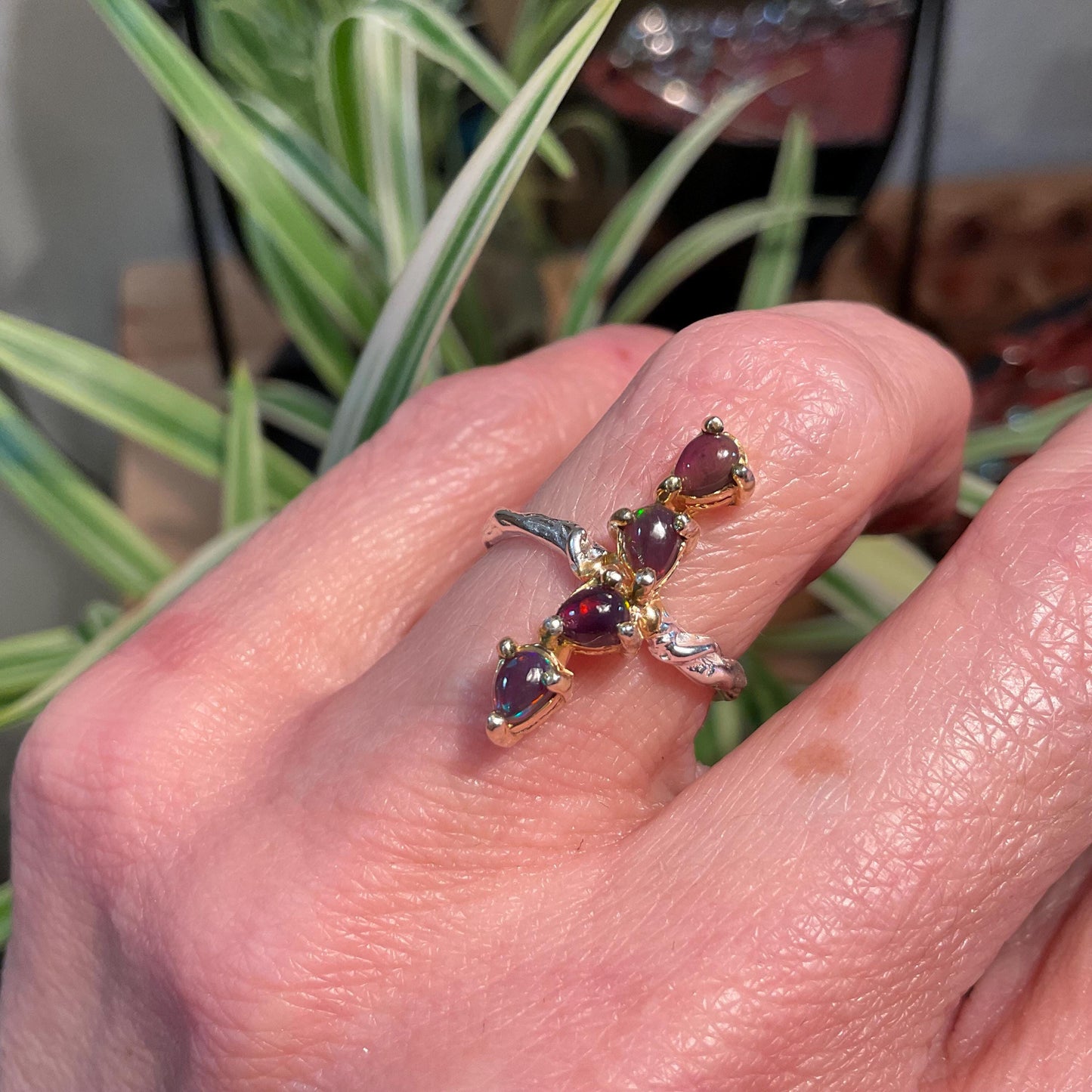 Sterling Silver black fire Opal Artisan dainty ring 5.5 Colors Of Etnika