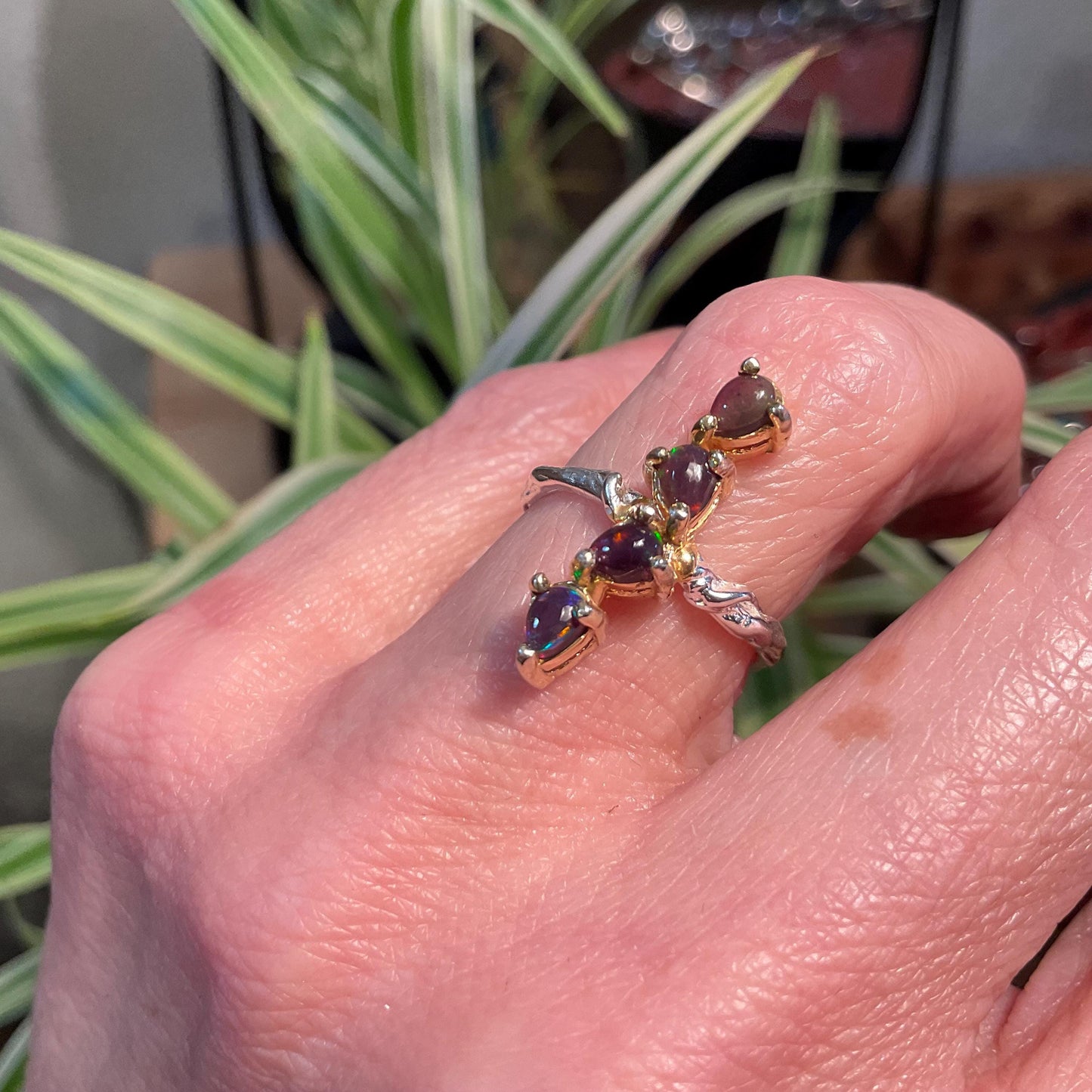 Sterling Silver black fire Opal Artisan dainty ring 5.5 Colors Of Etnika