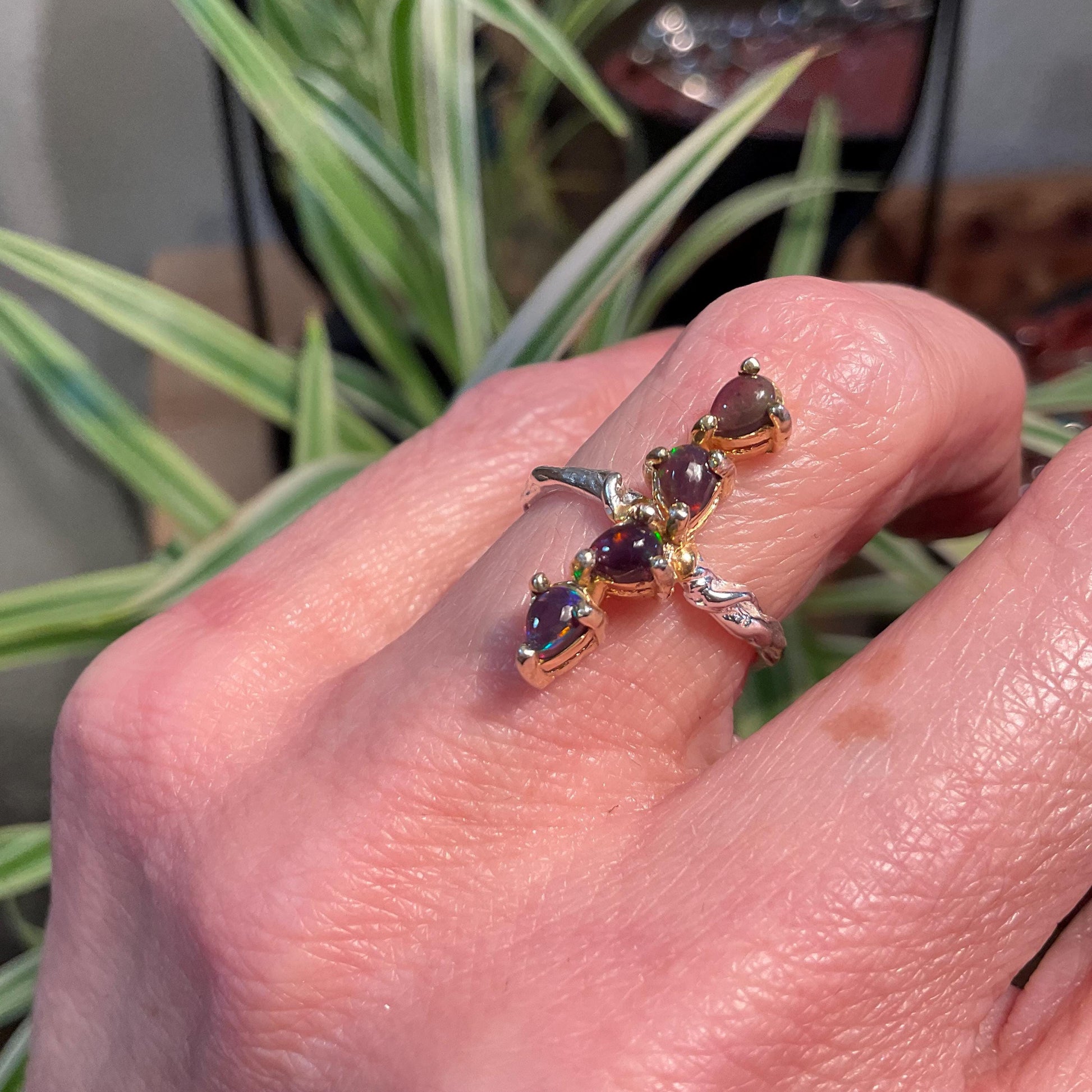 Sterling Silver black fire Opal Artisan dainty ring 5.5 Colors Of Etnika