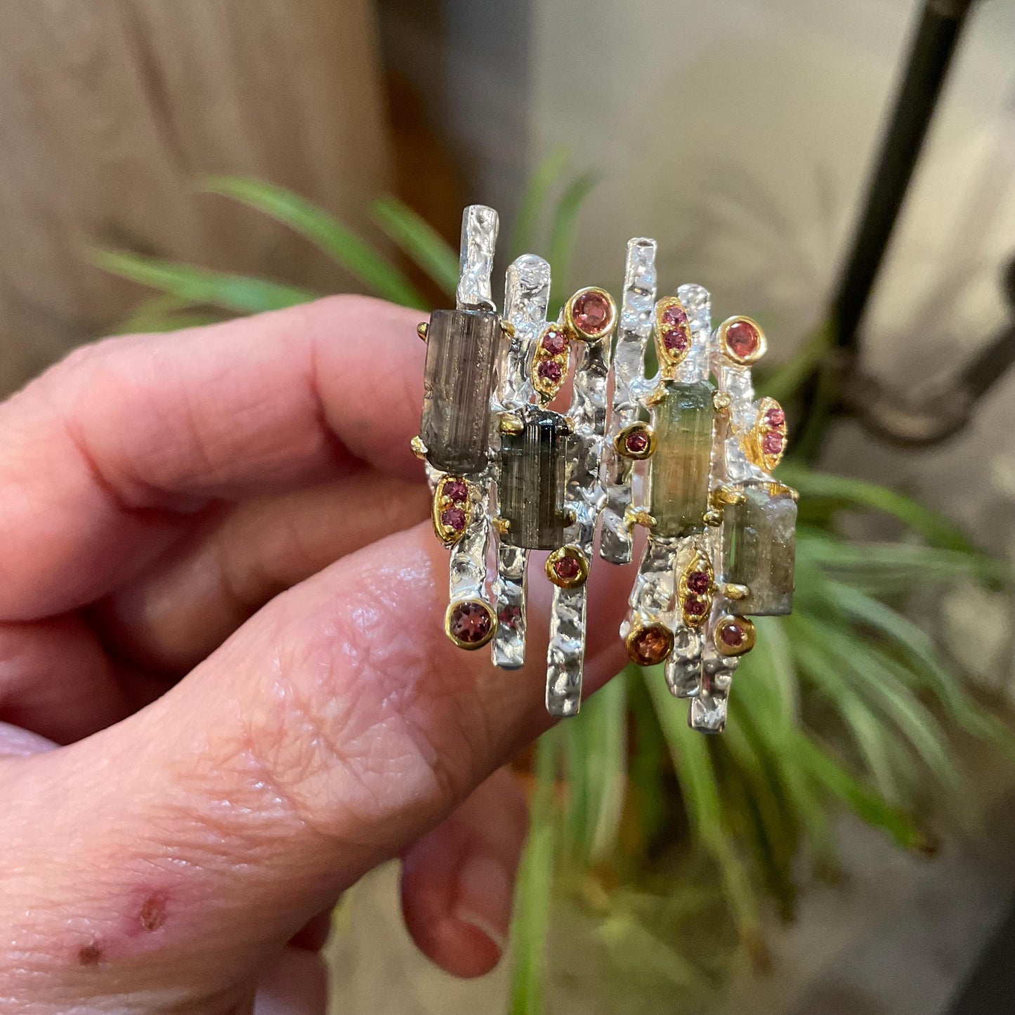 Sterling Silver Rough Tourmaline brutalist open cuff ring 8 9
