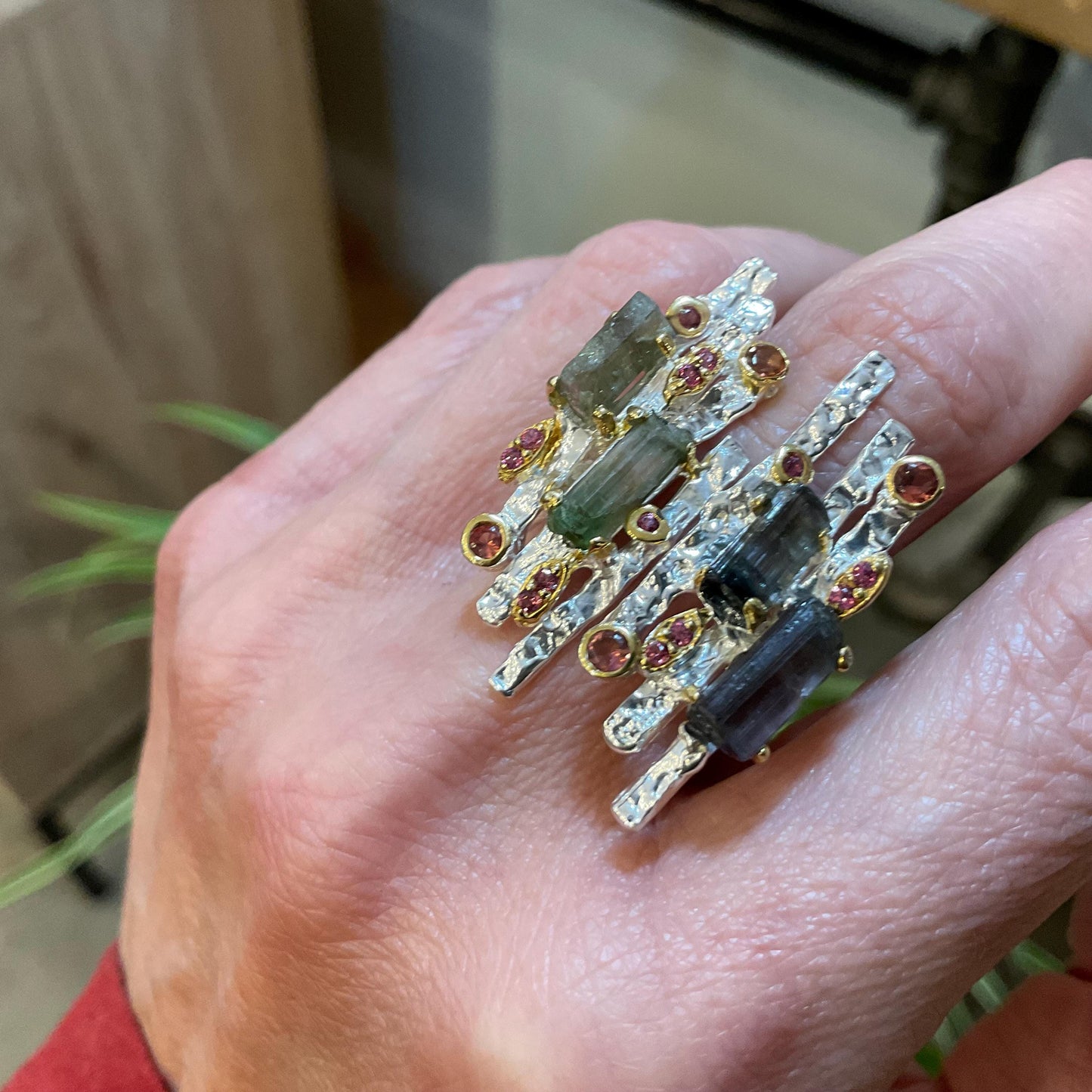 Sterling Silver Rough Tourmaline brutalist open cuff ring 8 9