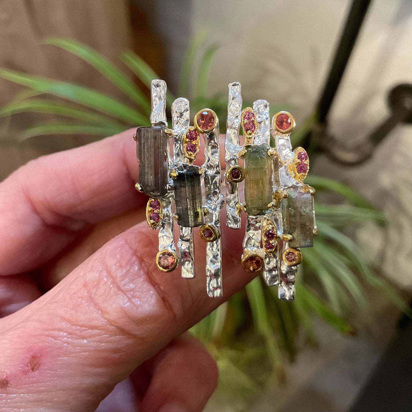 Sterling Silver Rough Tourmaline brutalist open cuff ring 8 9