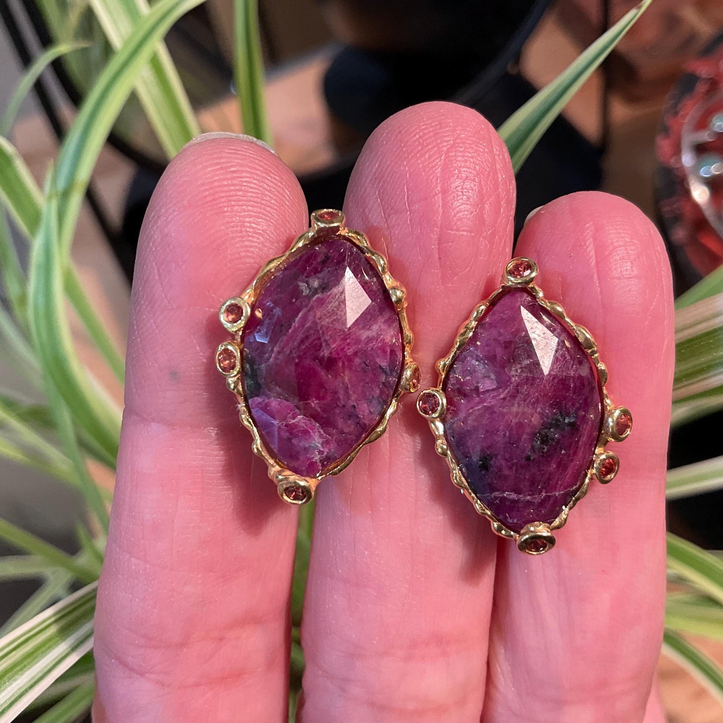 sterling Silver natural red sapphire large post red garnet statement Earrings