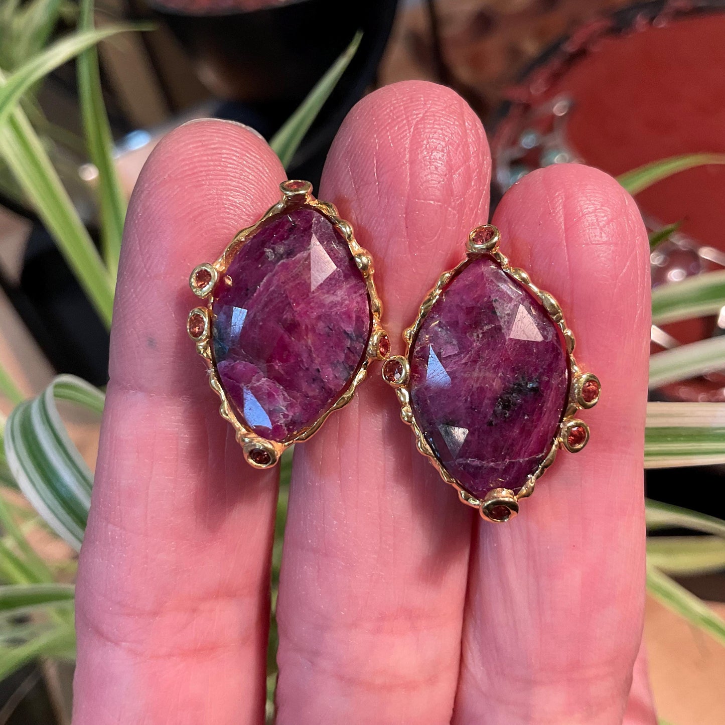 sterling Silver natural red sapphire large post red garnet statement Earrings