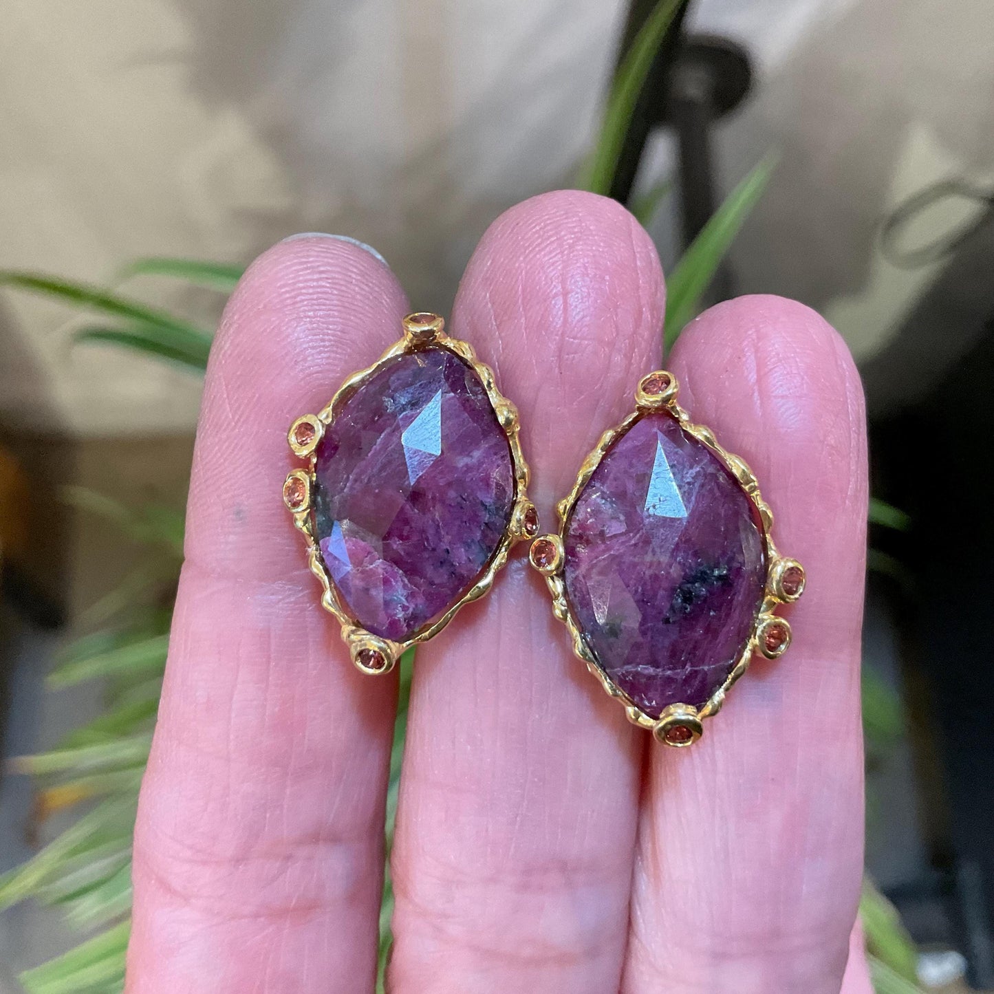 sterling Silver natural red sapphire large post red garnet statement Earrings