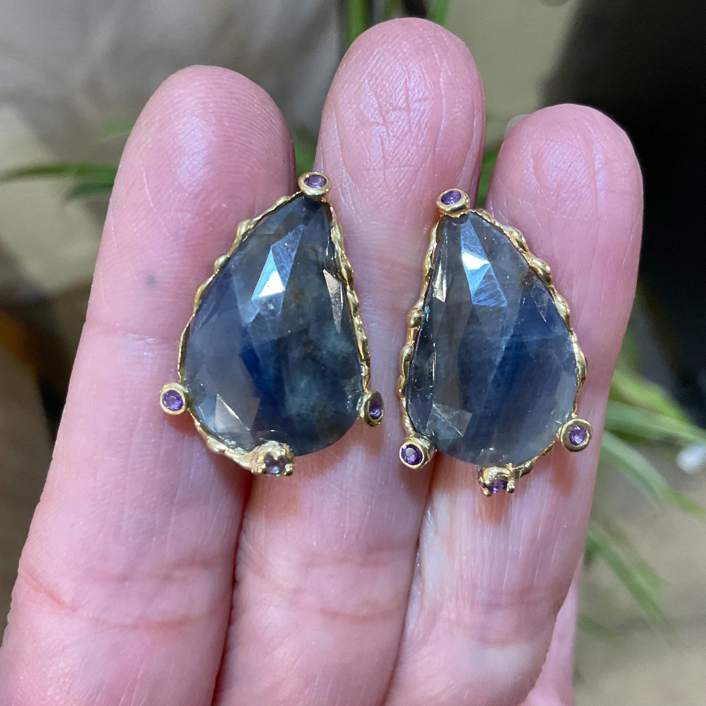 sterling Silver natural blue sapphire large amethyst post statement Earrings