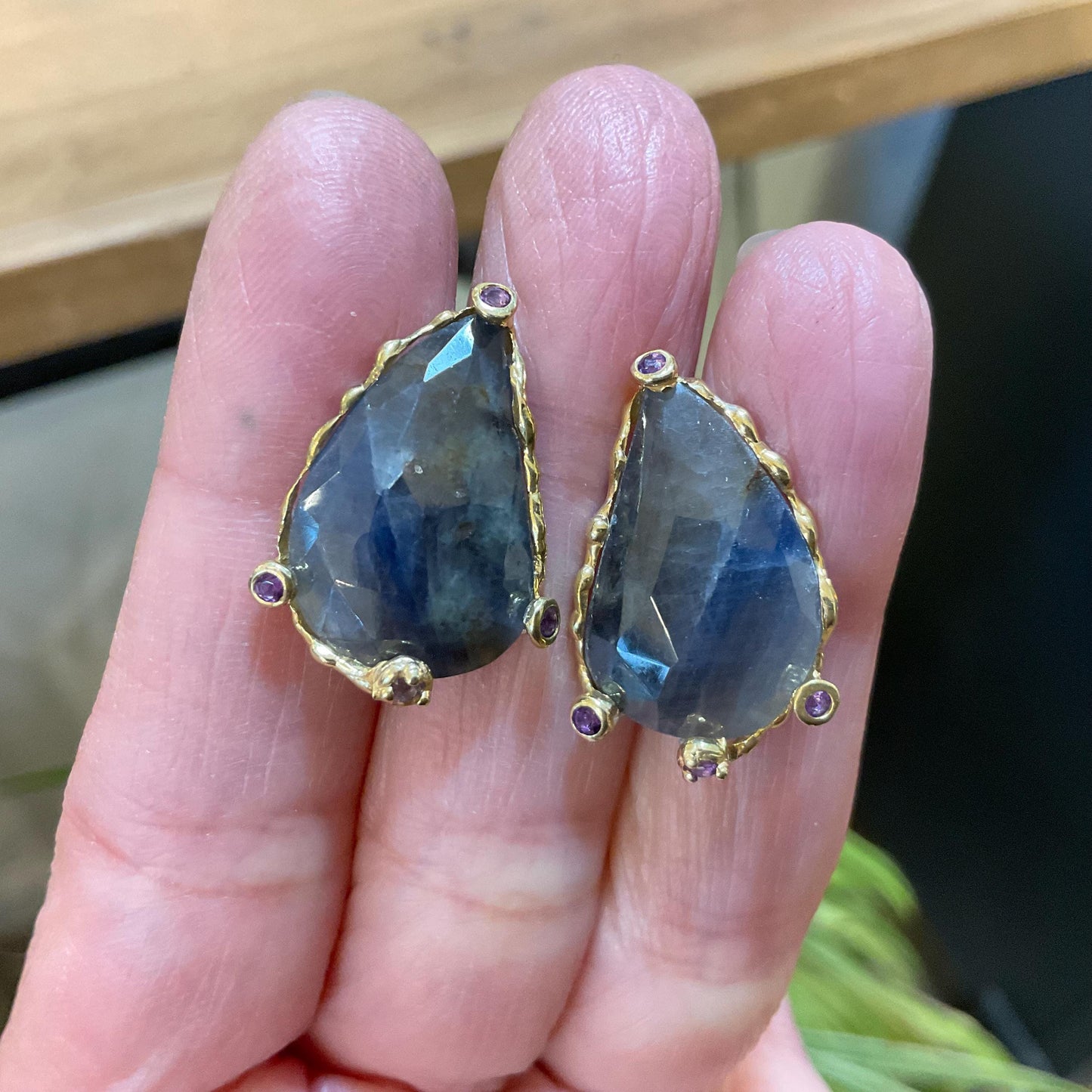 sterling Silver natural blue sapphire large amethyst post statement Earrings