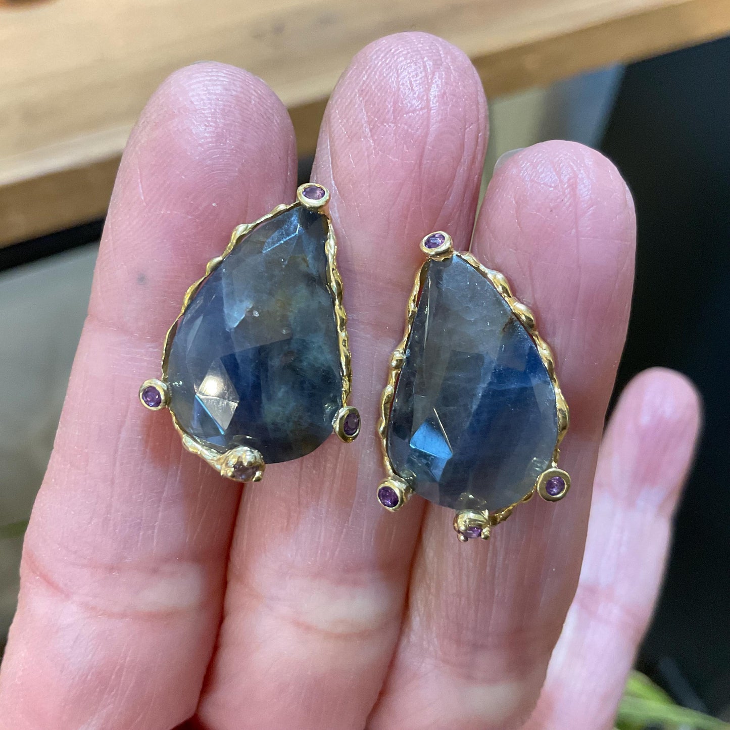 sterling Silver natural blue sapphire large amethyst post statement Earrings