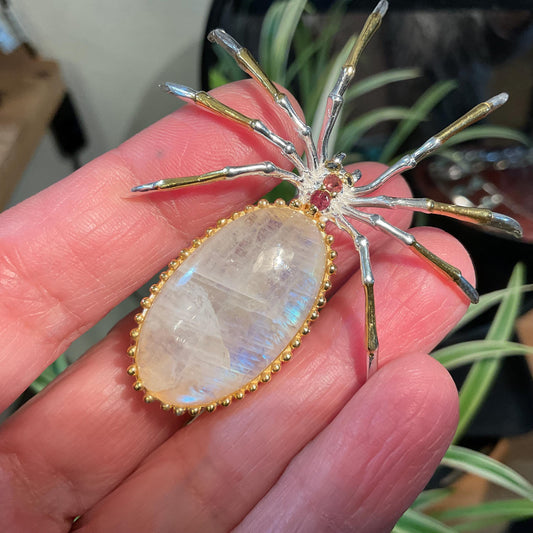 Sterling silver natural moonstone brooch pendant pin spider