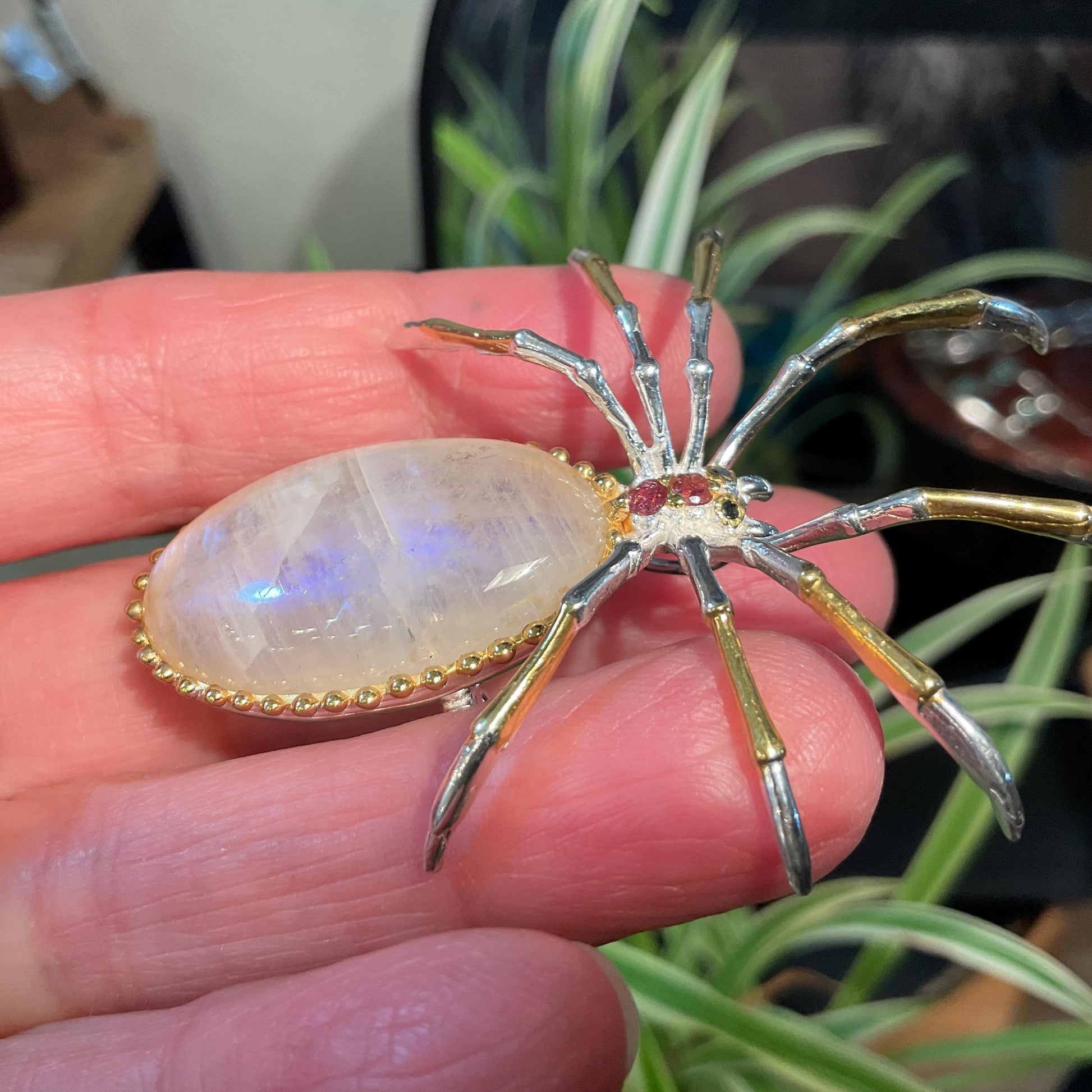 Sterling silver natural moonstone brooch pendant pin spider Colors Of Etnika