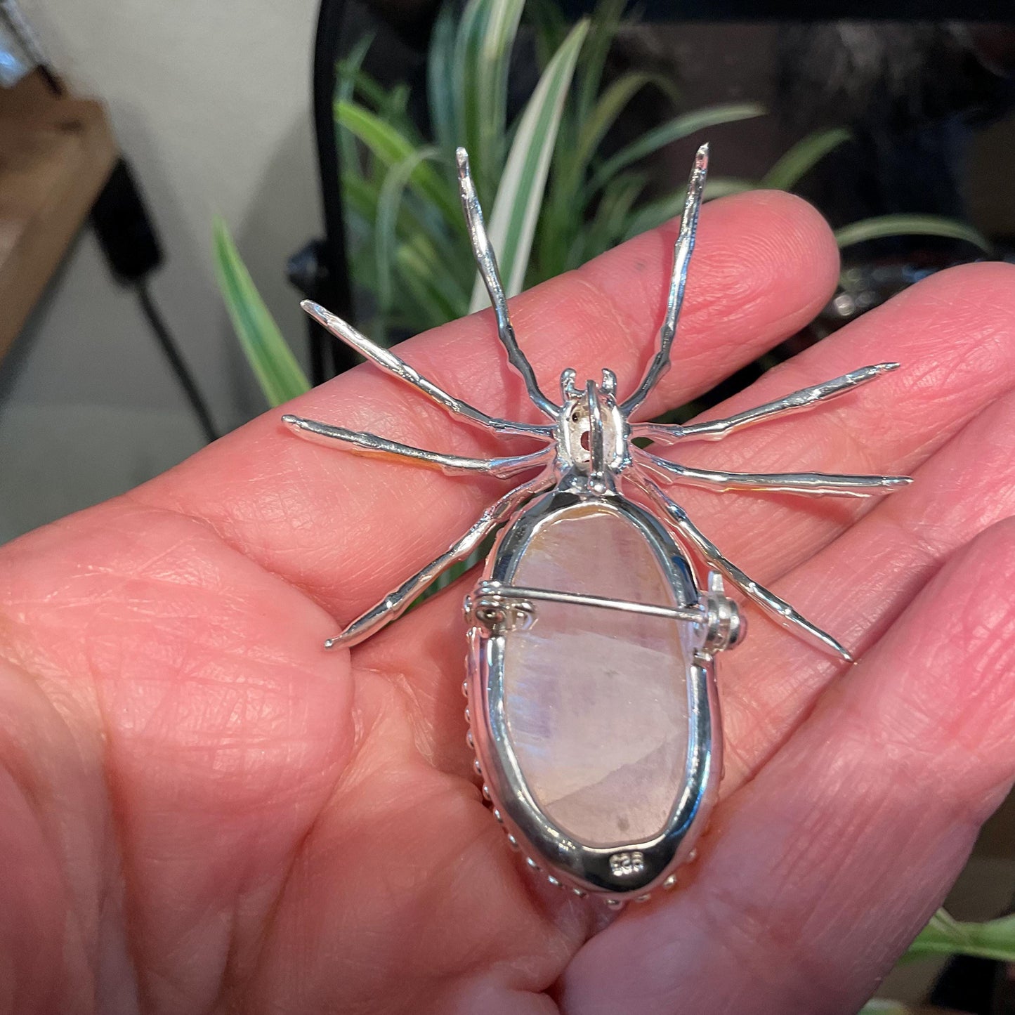 Sterling silver natural moonstone brooch pendant pin spider Colors Of Etnika
