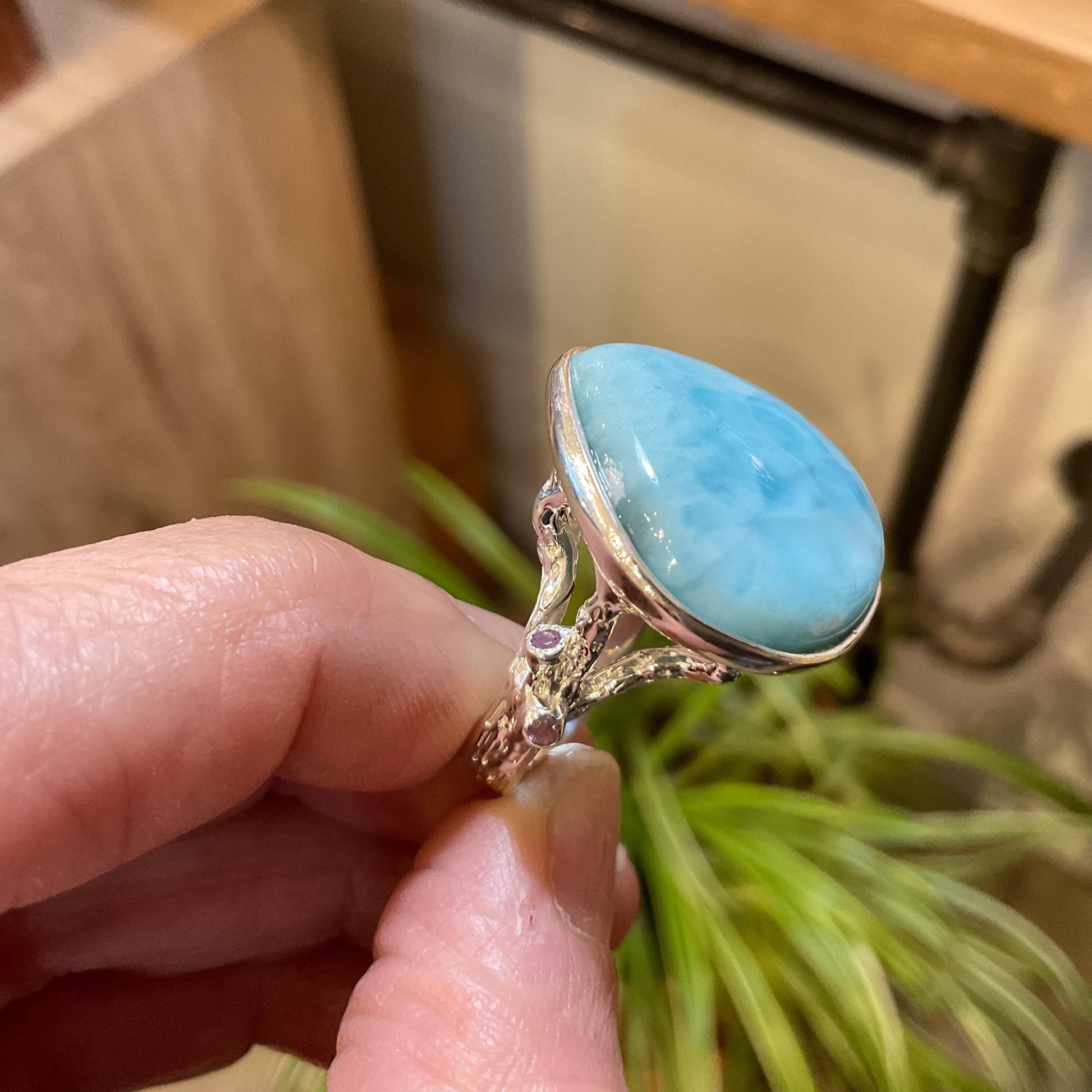 Sterling Statement larimar natural twigs amethyst pear shape ring 8 Colors Of Etnika