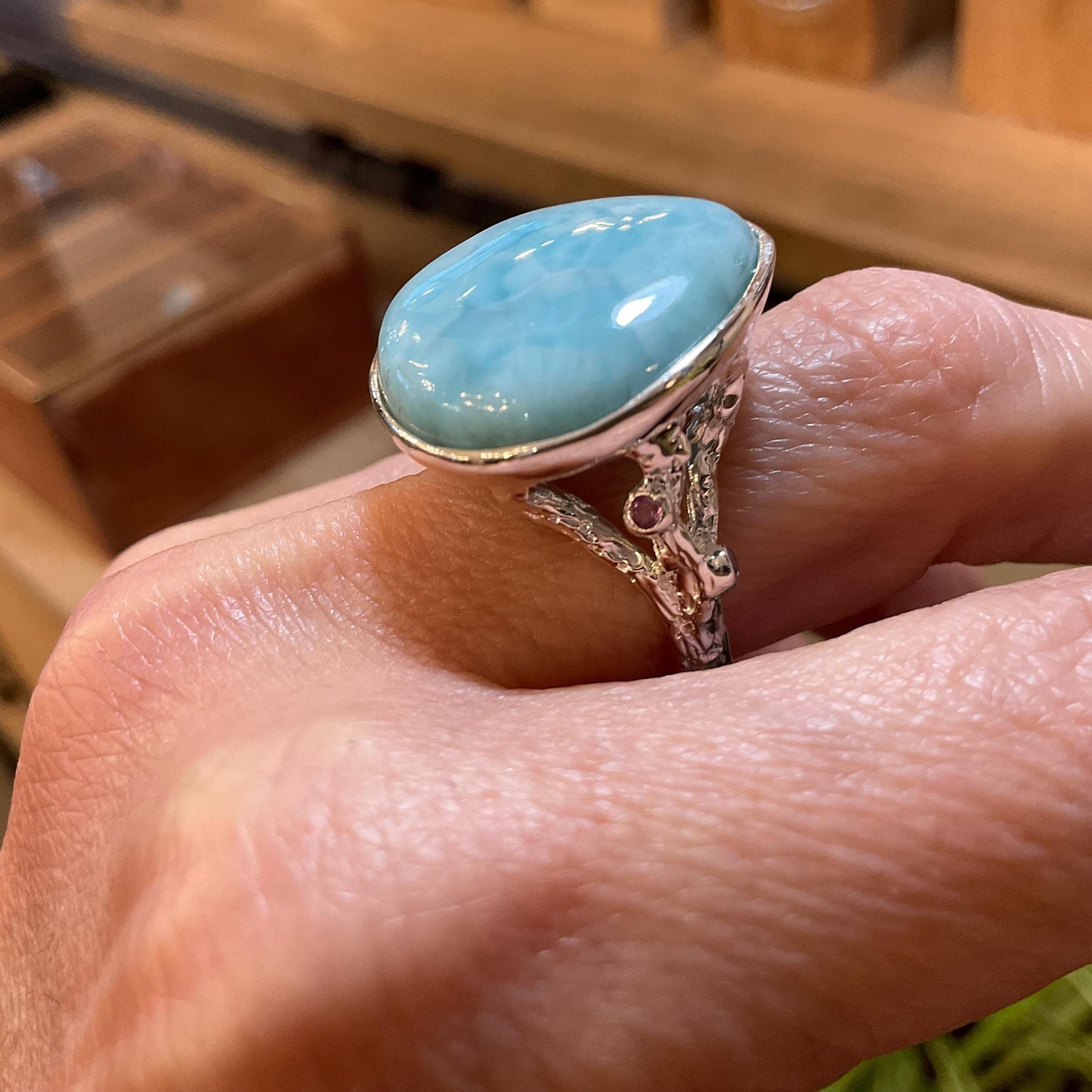Sterling Statement larimar natural twigs amethyst pear shape ring 8 Colors Of Etnika