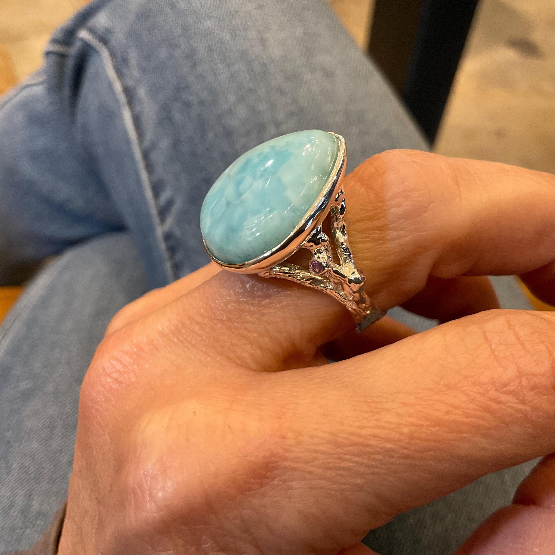 Sterling Statement larimar natural twigs amethyst pear shape ring 8 Colors Of Etnika