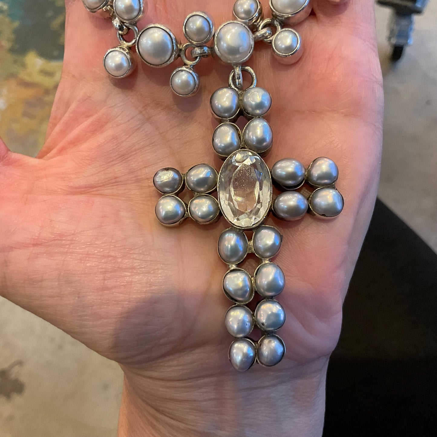 Sterling silver natural pearl cross natural quartz collar choker necklace