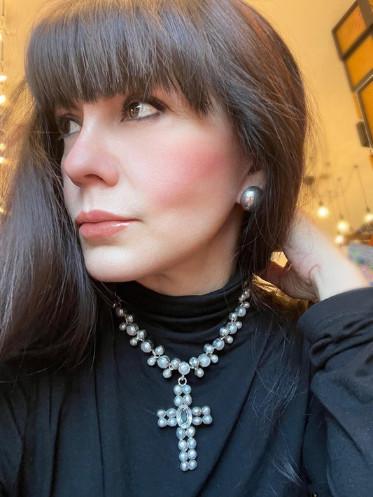 Sterling silver natural pearl cross natural quartz collar choker necklace