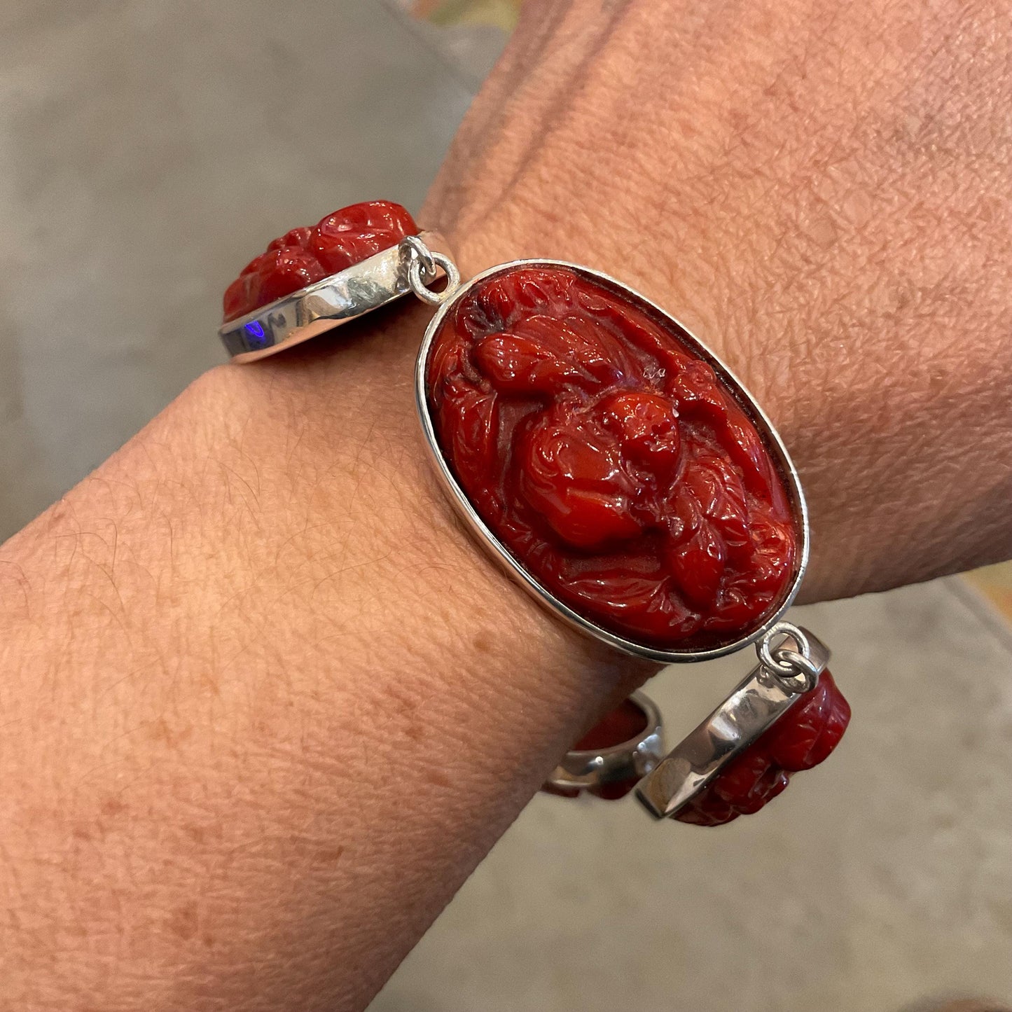 925 sterling silver Natural red coral Bracelet artisan carved angels