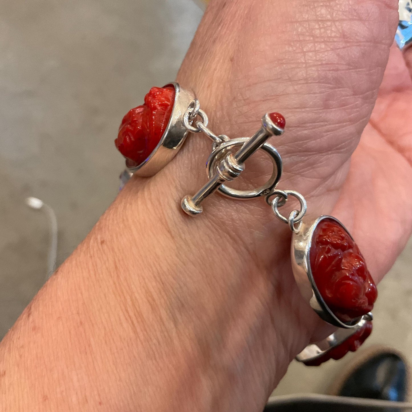 925 sterling silver Natural red coral Bracelet artisan carved angels