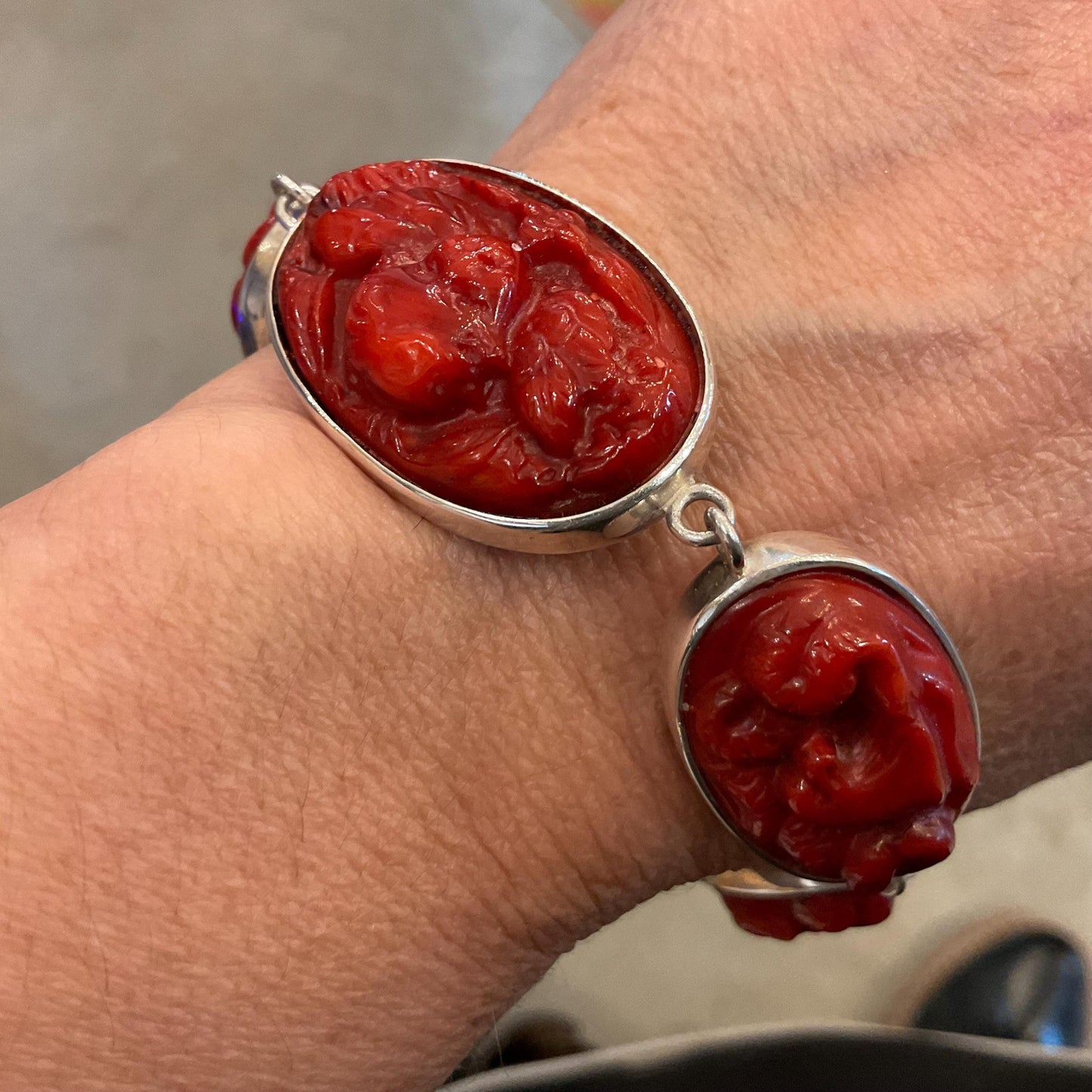 925 sterling silver Natural red coral Bracelet artisan carved angels