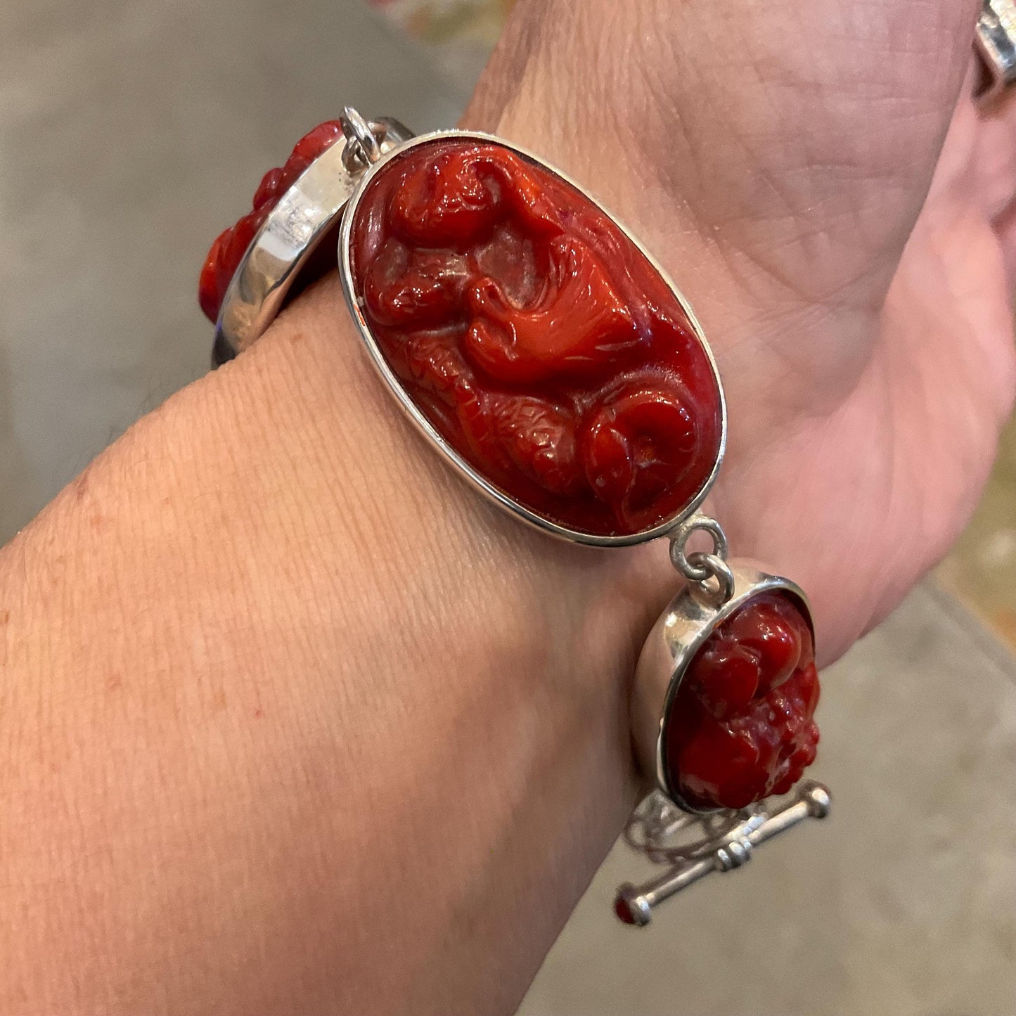 925 sterling silver Natural red coral Bracelet artisan carved angels