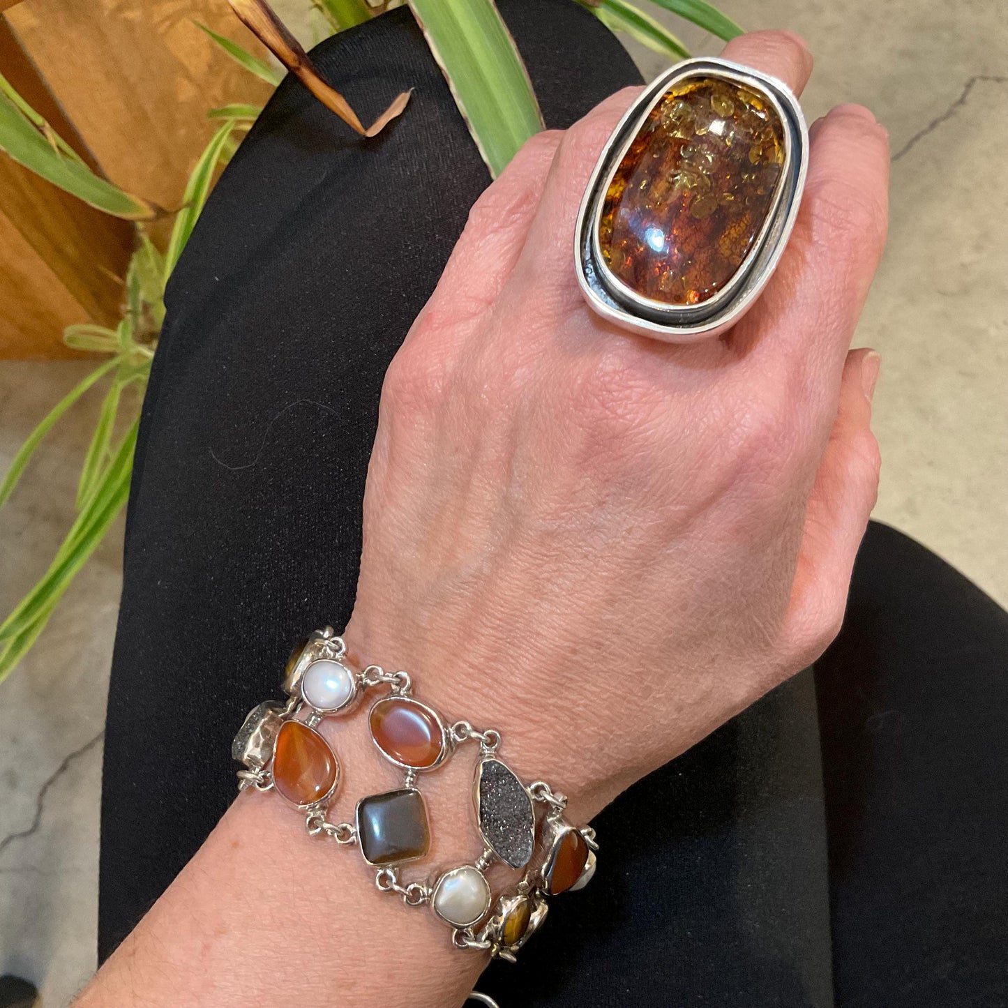 sterling silver statement druzzy carnelian quartz pearl tiger eye Bracelet