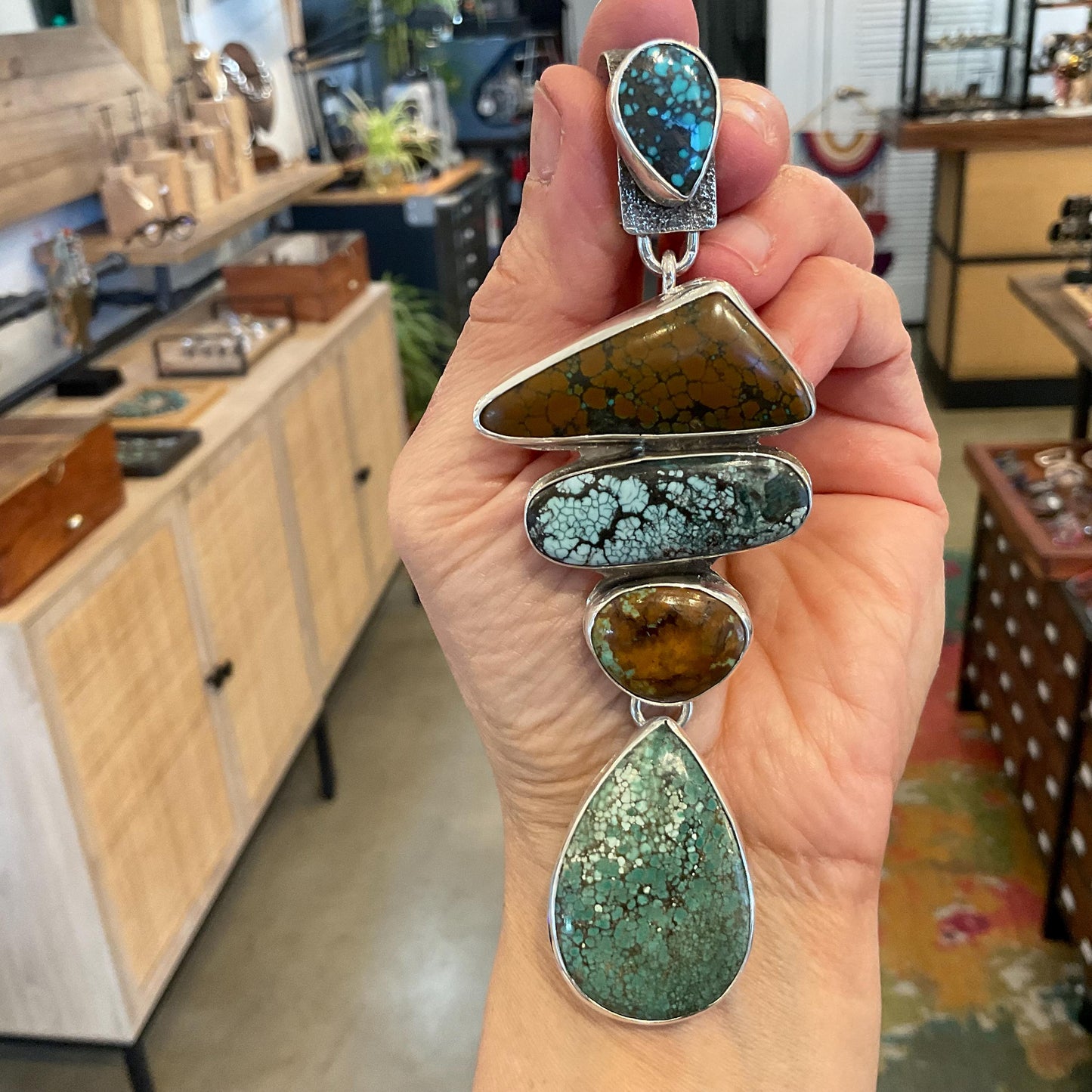 Sterling silver mix turquoise enhancer statement 5” organic pendant Colors Of Etnika