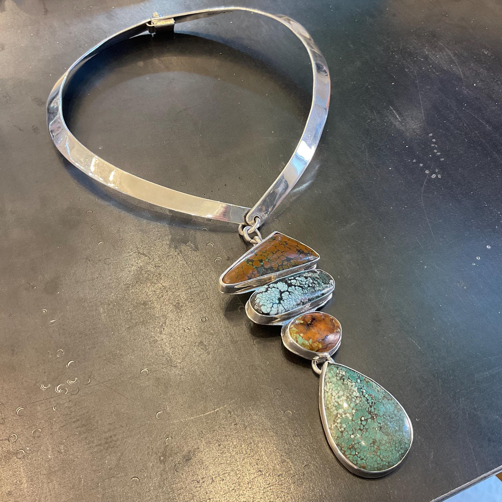 Sterling silver mix turquoise enhancer statement 5” organic pendant Colors Of Etnika