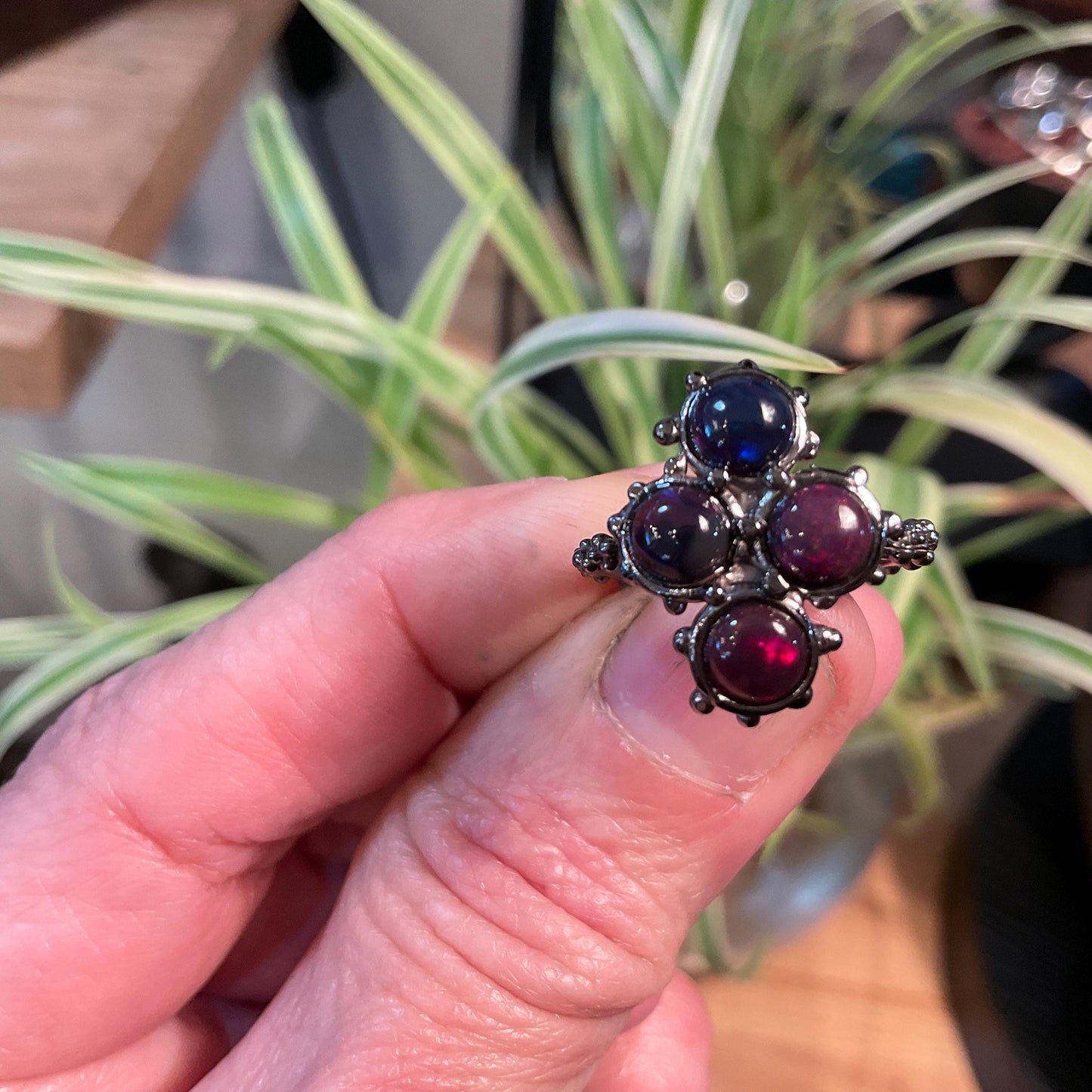 Sterling Silver black red fire Opal Artisan dainty ring 5.5 Colors Of Etnika