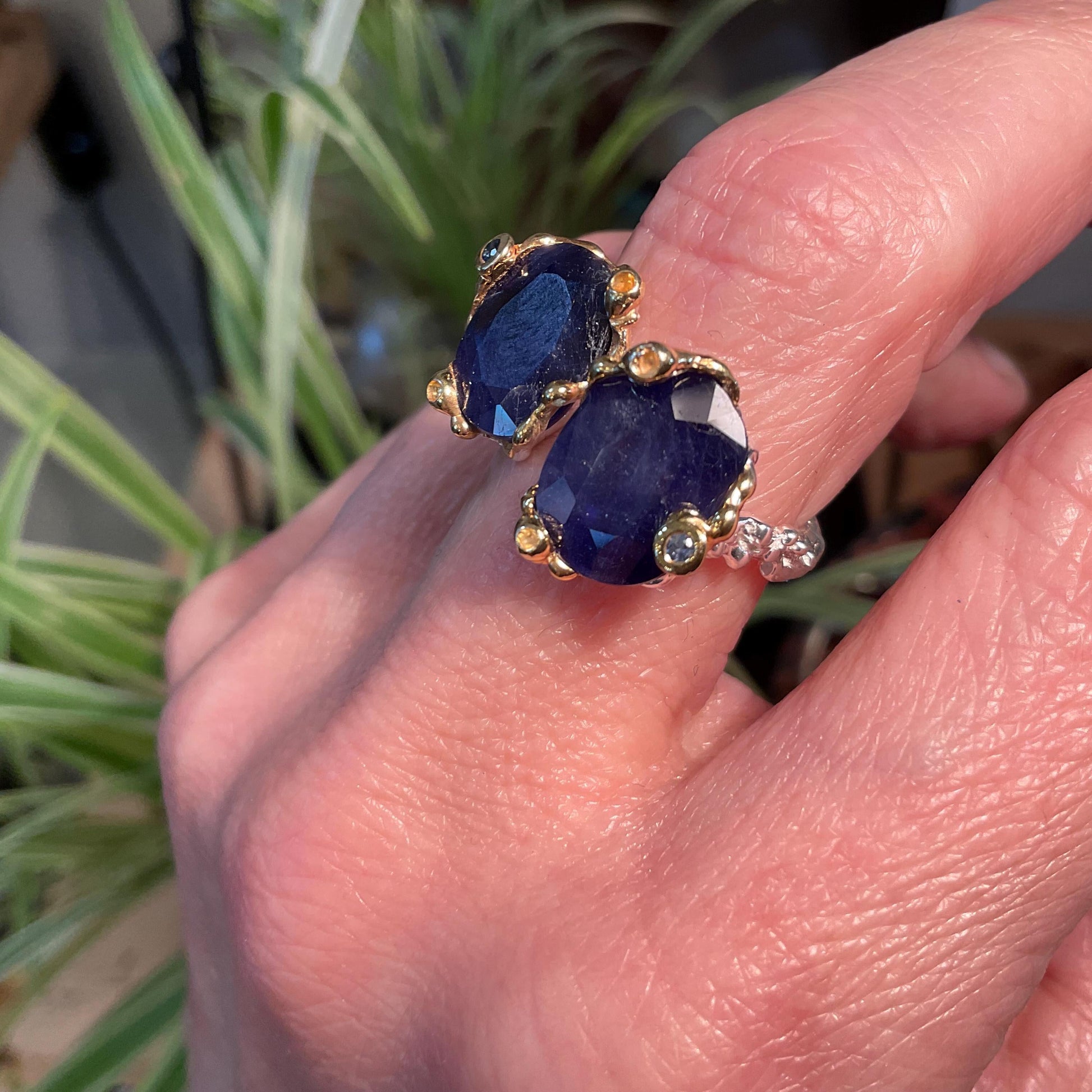 sterling silver natural twig organic blue sapphire open adjustable ring 7 8 9 Colors Of Etnika