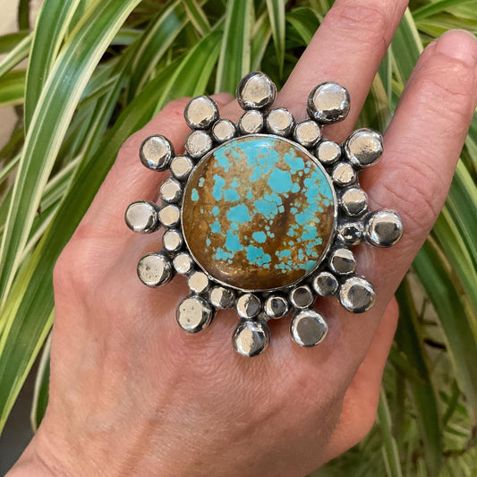 Sterling Statement turquoise huge adjustable sunburst cuff ring 7-11