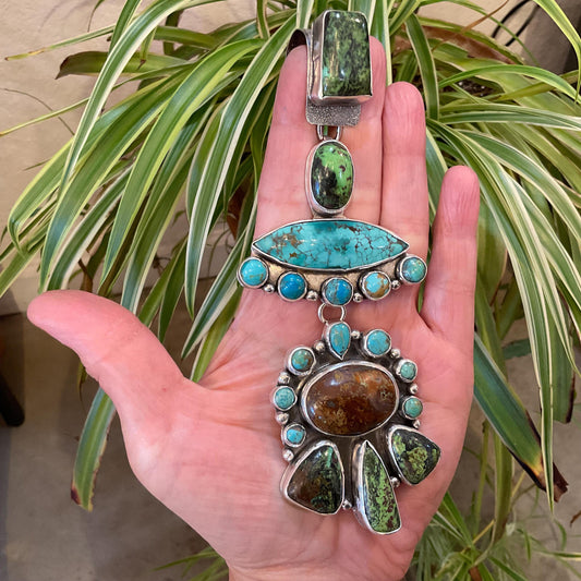 Sterling silver mix turquoise enhancer statement 6” huge pendant