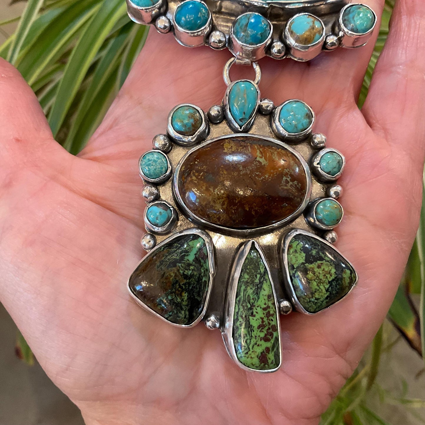 Sterling silver mix turquoise enhancer statement 6” huge pendant Colors Of Etnika