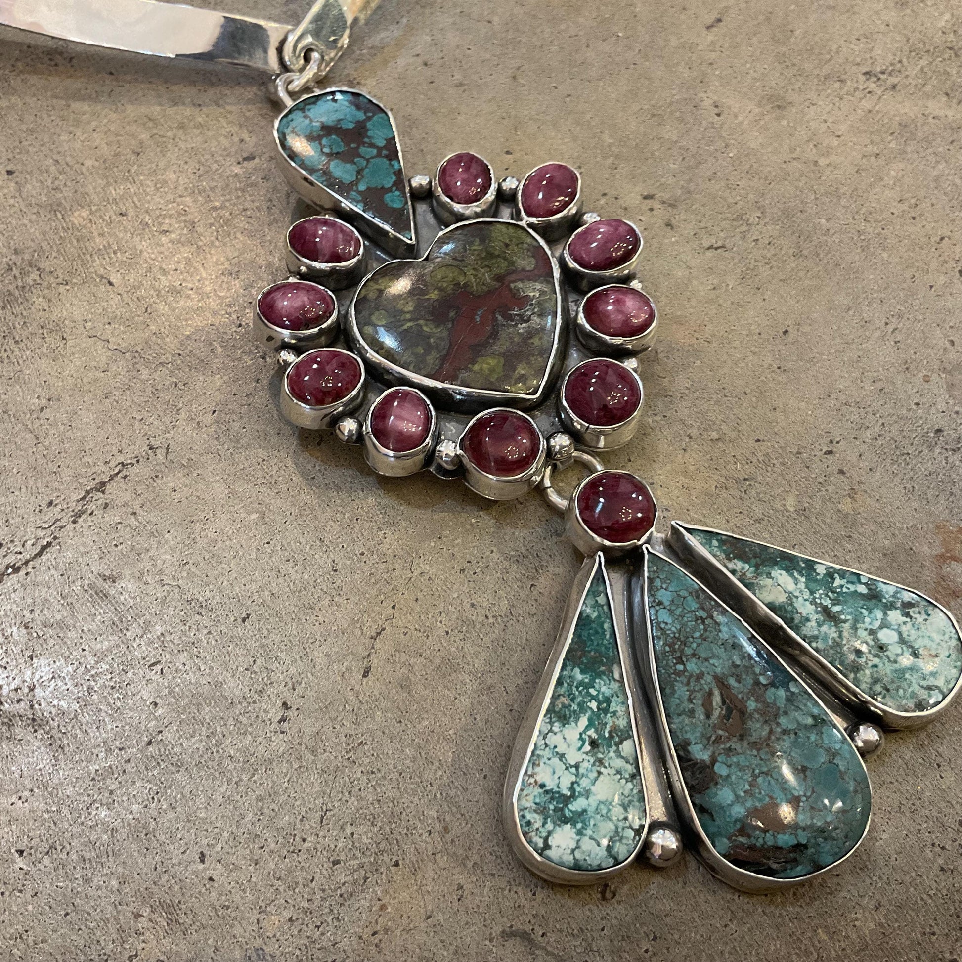 Sterling silver mix turquoise bloodstone enhancer statement 6” heart pendant Colors Of Etnika