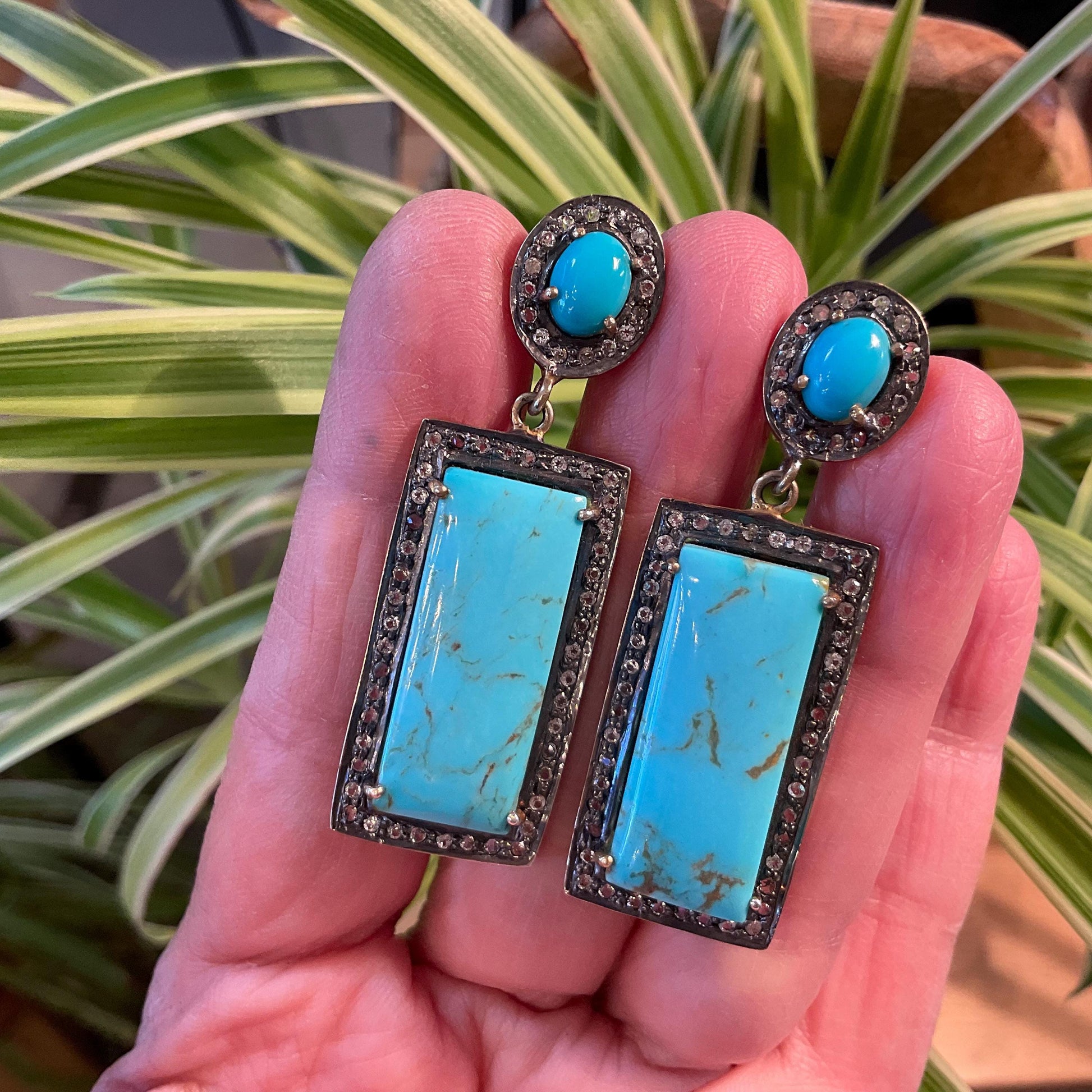 Sterling Silver rose cut diamonds turquoise vintage statement earrings Colors Of Etnika