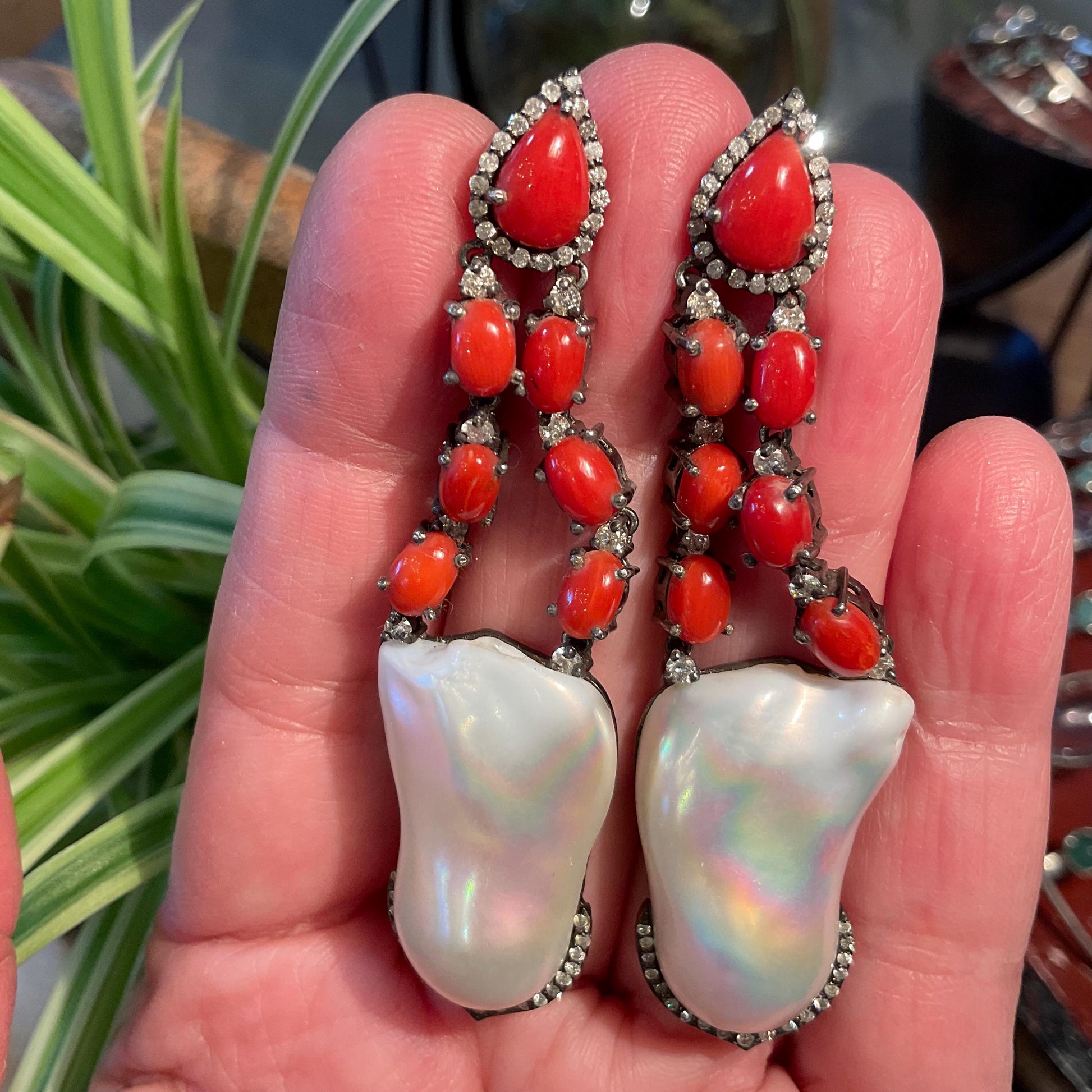 Sterling Silver natural coral baroque pearl diamond paved statement earrings Colors Of Etnika