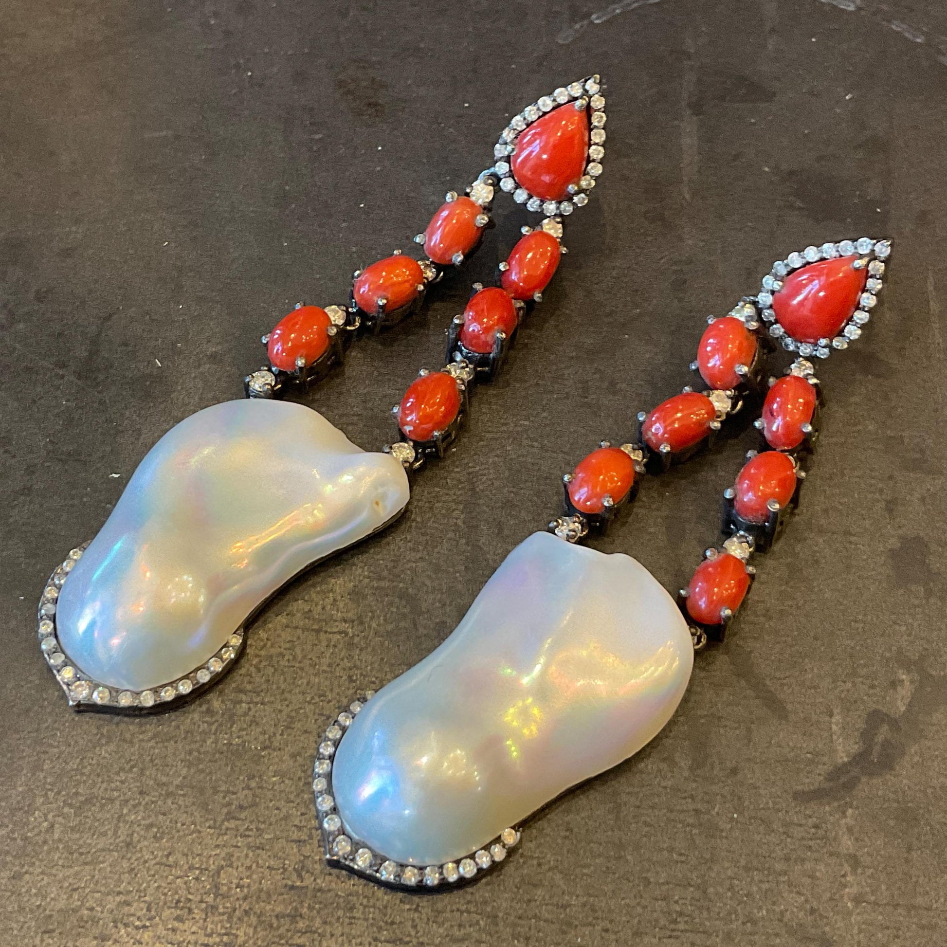 Sterling Silver natural coral baroque pearl diamond paved statement earrings Colors Of Etnika