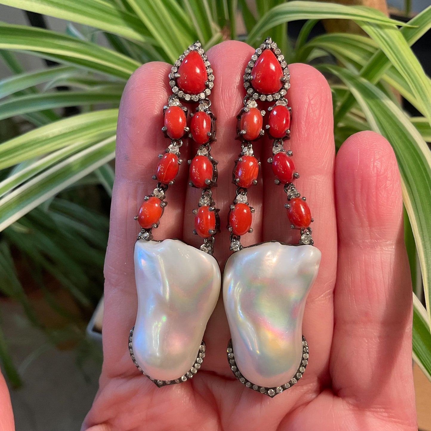 Sterling Silver natural coral baroque pearl diamond paved statement earrings Colors Of Etnika