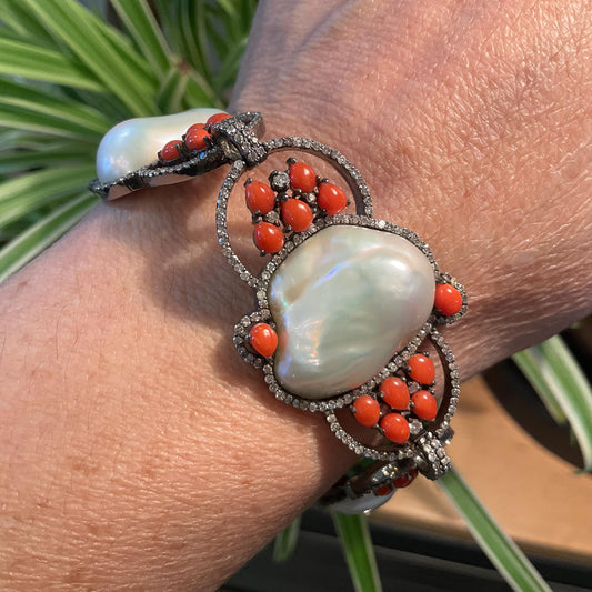 sterling silver Natural Italian coral baroque pearl diamond paved Bracelet
