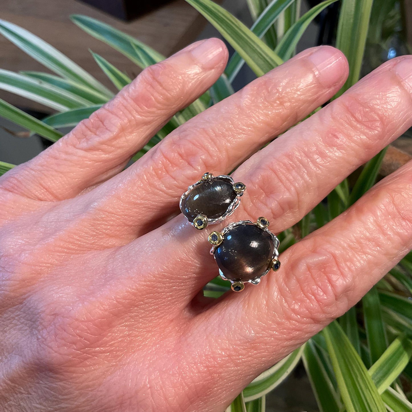 Sunstone Cat eye sapphire Sterling Silver artisan cuff ring open Ring 8 9 Colors Of Etnika